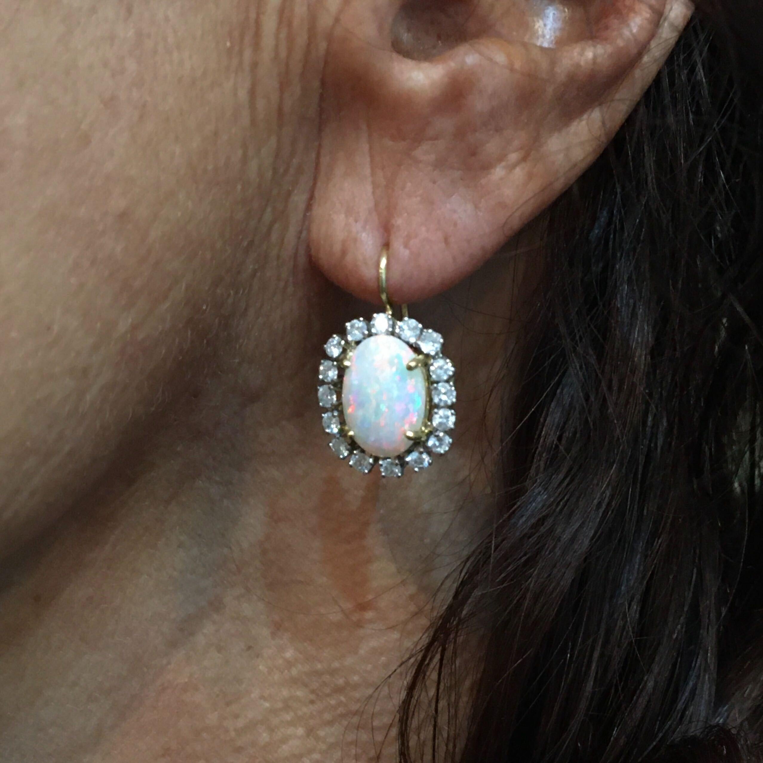 Round Cut Pair of 18 Karat Yellow Gold, Opal and Diamond Earrings