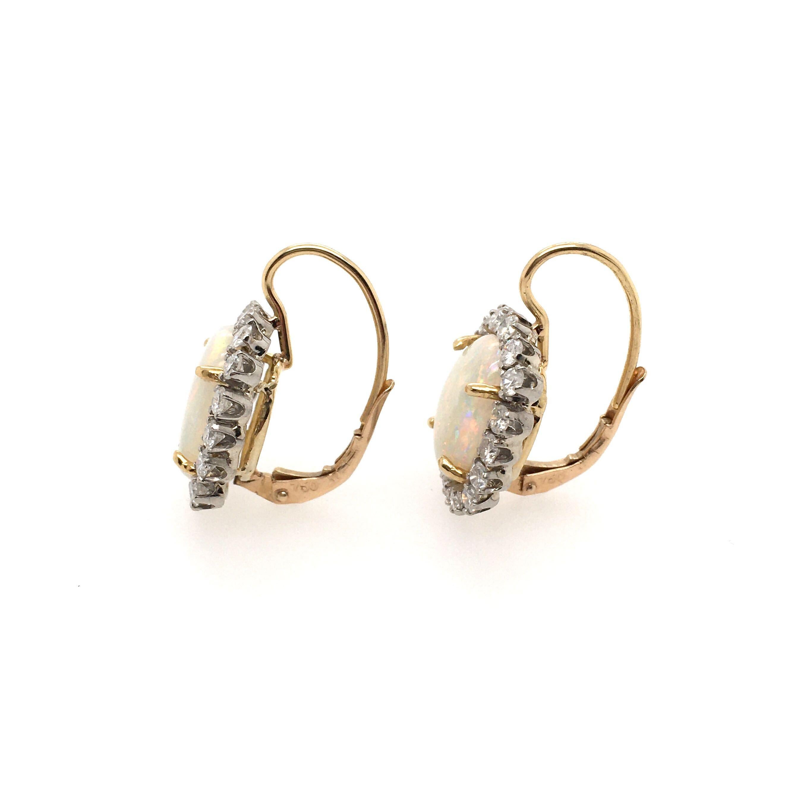 Women's or Men's Pair of 18 Karat Yellow Gold, Opal and Diamond Earrings