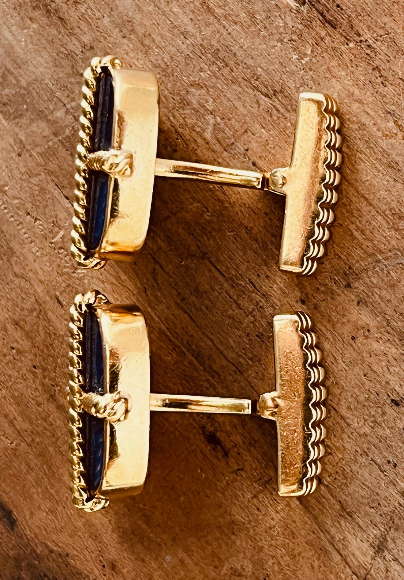 Square Cut A Pair of 18ct Yellow Gold and Lapis Lazuli Cufflinks. Circa 1970's. For Sale