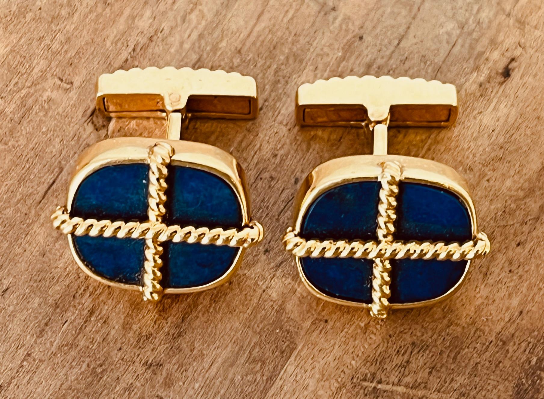 A Pair of 18ct Yellow Gold and Lapis Lazuli Cufflinks. Circa 1970's. For Sale 7