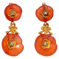 A pair of 18k Gold Antique Carnelian and Diamond Flower Earrings