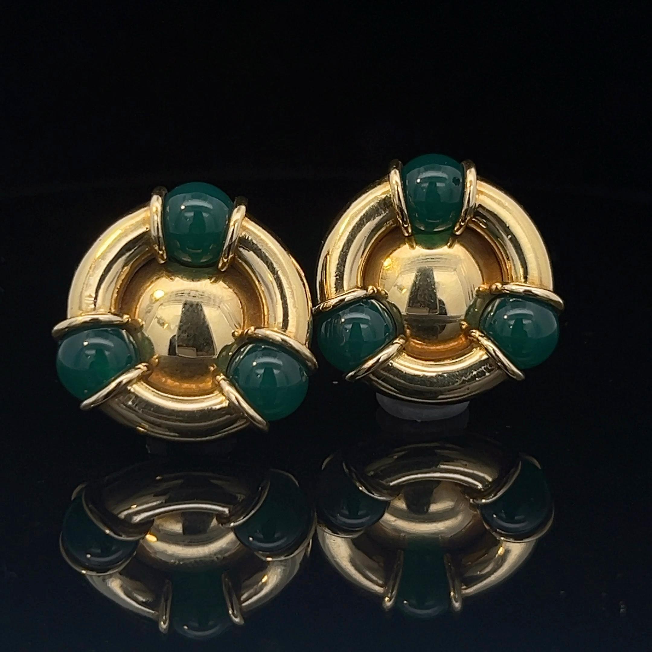 A pair of 18k yellow gold and chrysoprase ear clips by Kiki McDonough. 1