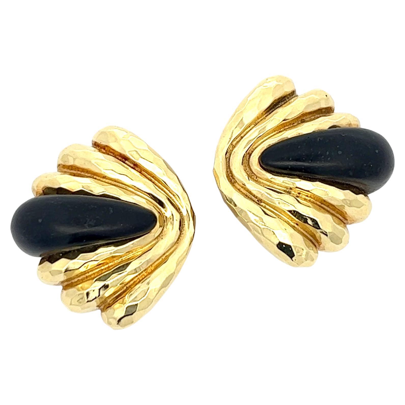 A pair of 18k yellow gold and Ebony "Faceted" ear clips by Henry Dunay For Sale