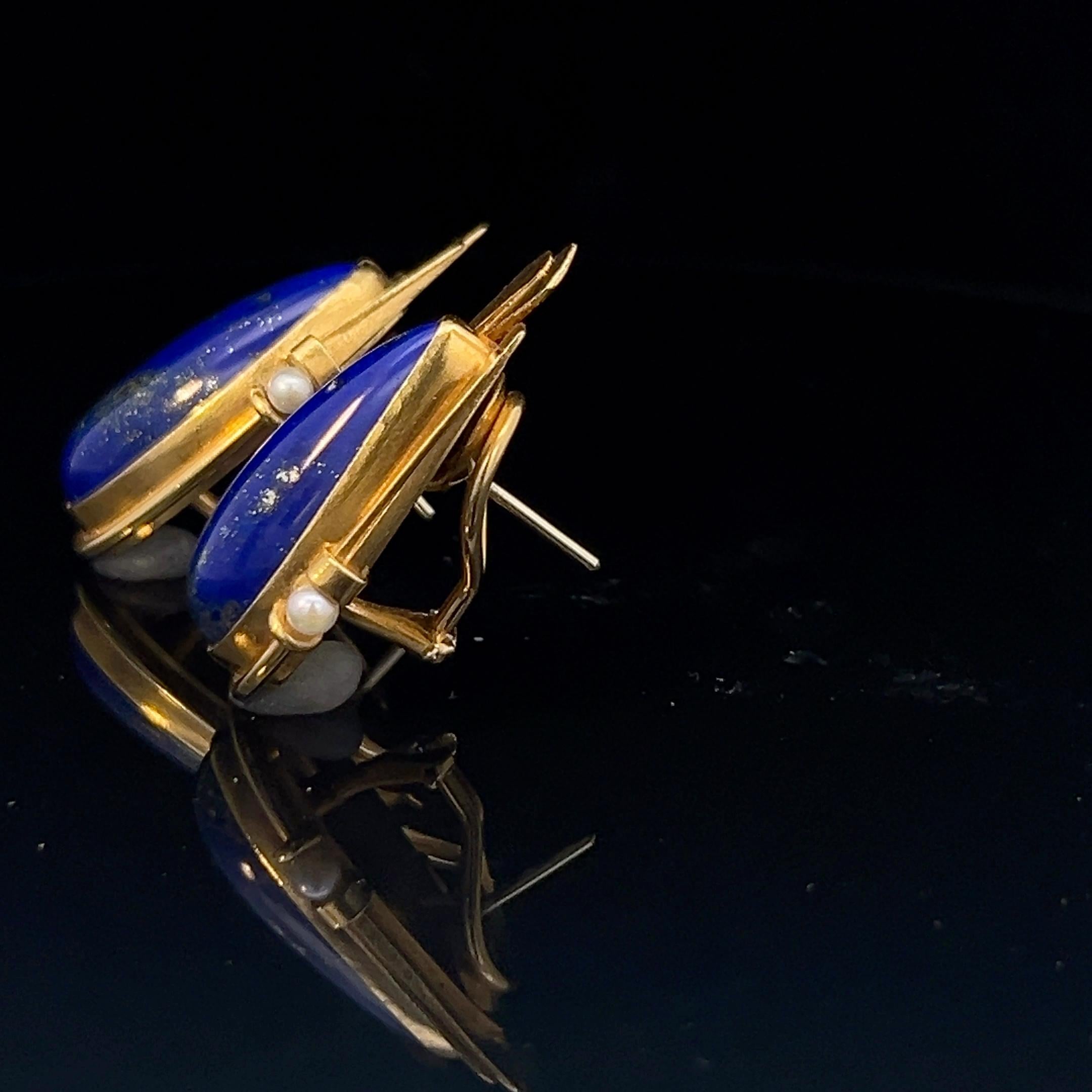 A pair of 18k yellow gold, lapis lazuli and pearl earrings by Erté. 5