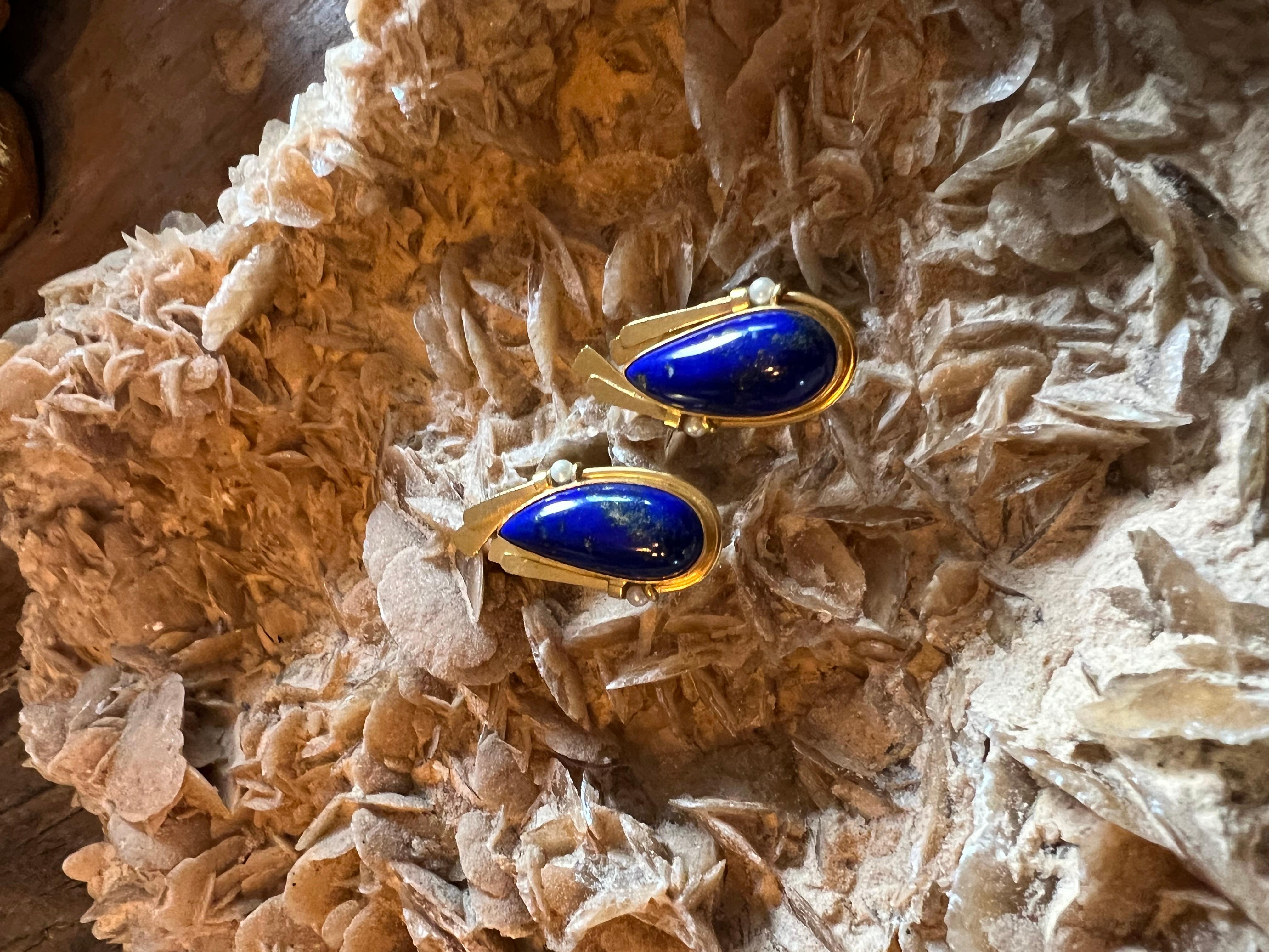 A pair of 18k yellow gold, lapis lazuli and pearl earrings by Erté. 1