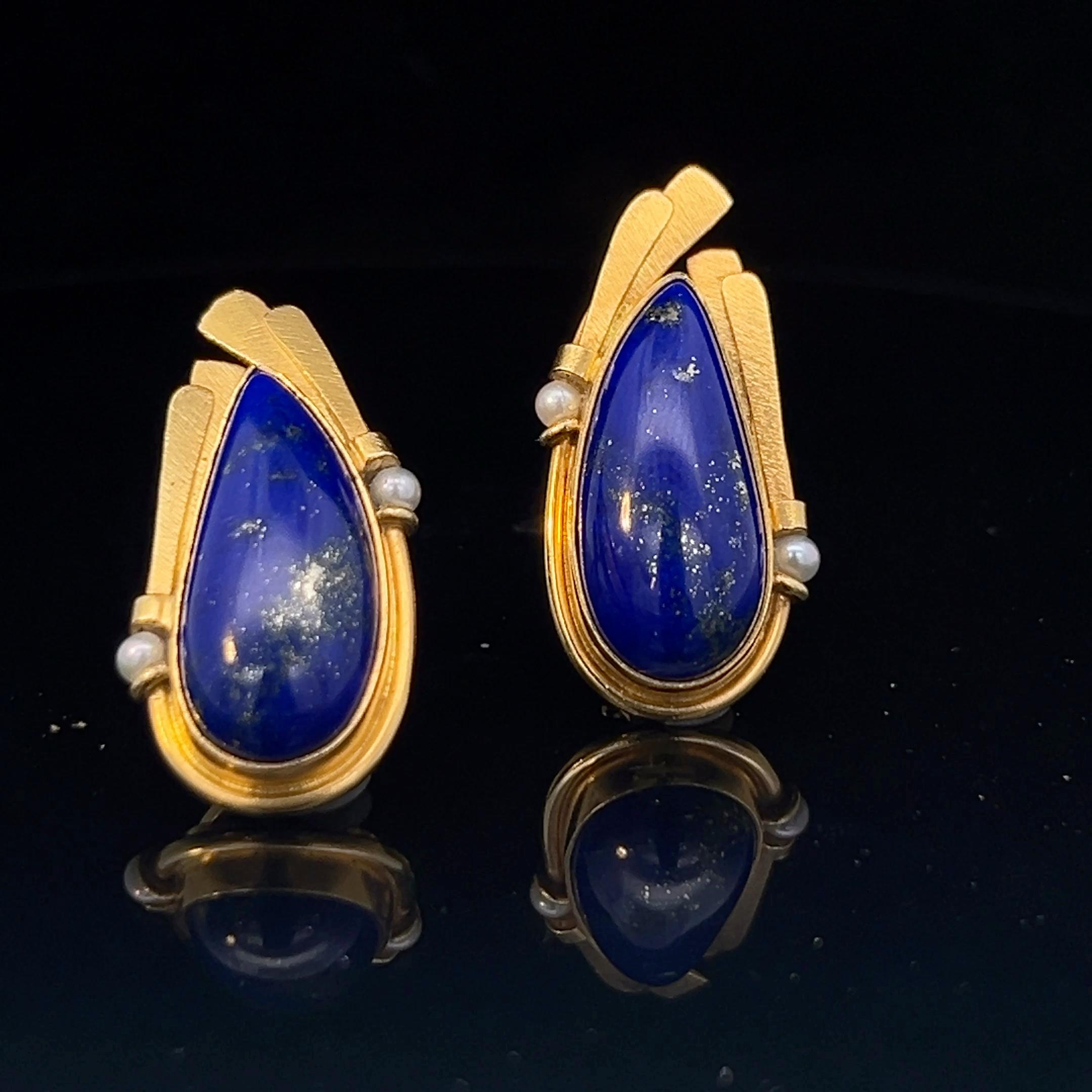A pair of 18k yellow gold, lapis lazuli and pearl earrings by Erté. 2