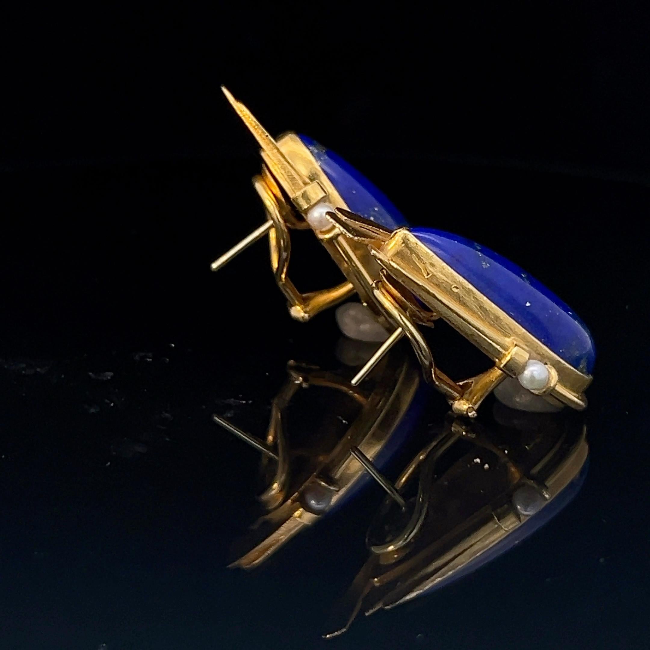 A pair of 18k yellow gold, lapis lazuli and pearl earrings by Erté. 3
