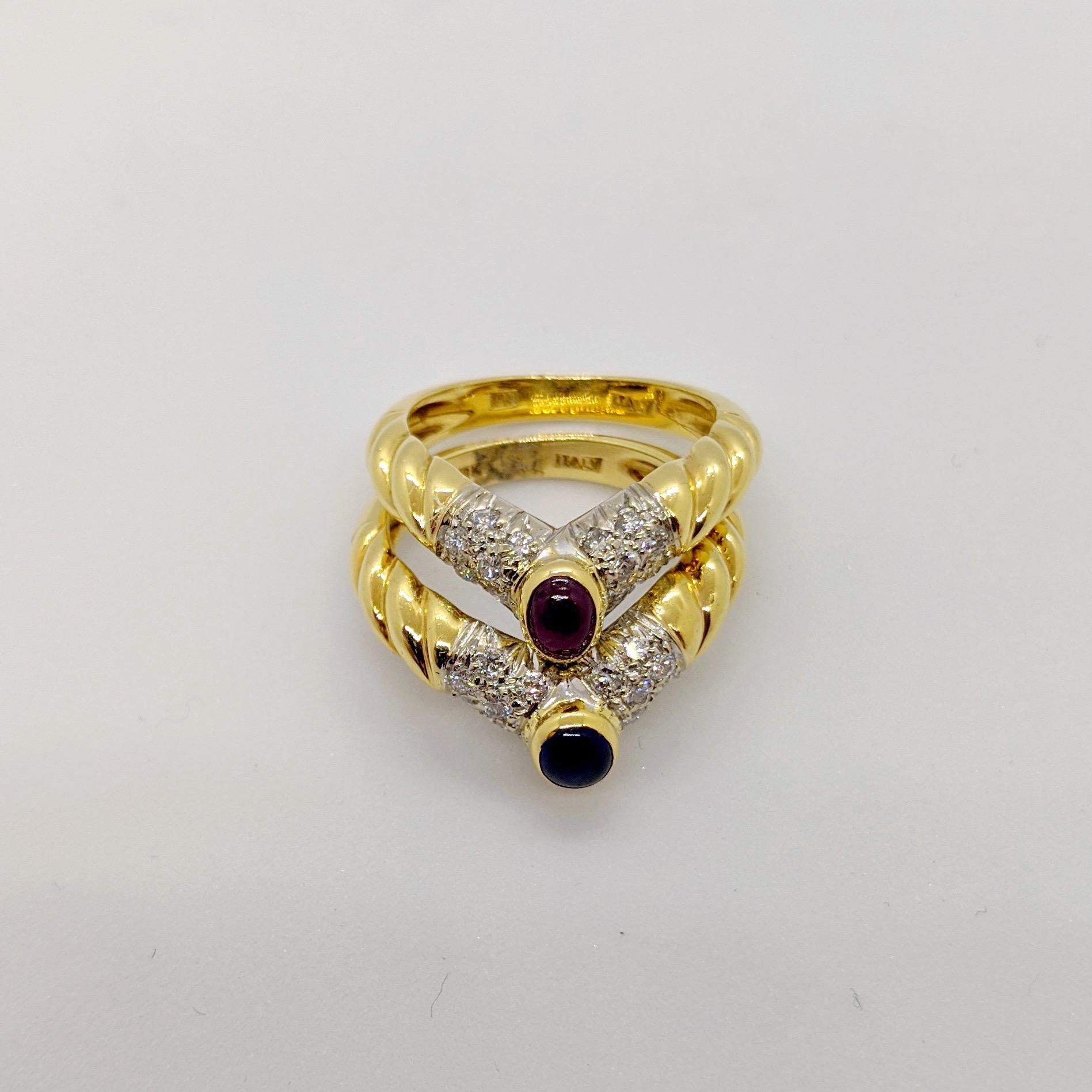 Retro Pair of 18 Karat Yellow Gold, Diamond Ruby and Sapphire Nesting Rings For Sale