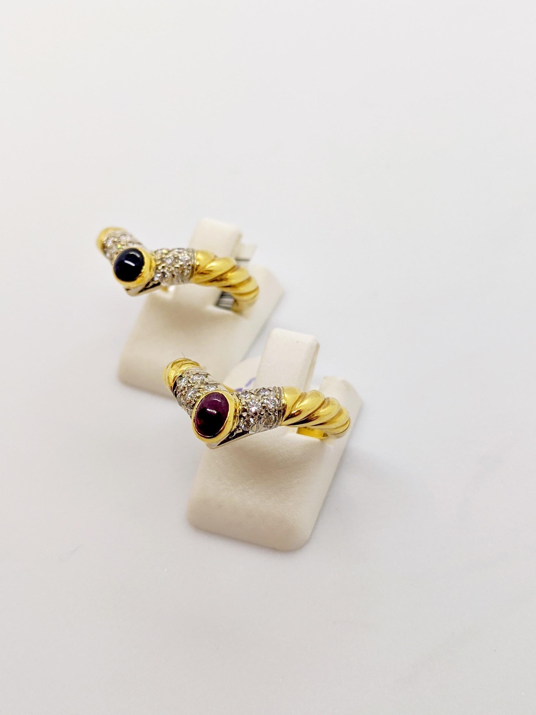 Oval Cut Pair of 18 Karat Yellow Gold, Diamond Ruby and Sapphire Nesting Rings For Sale