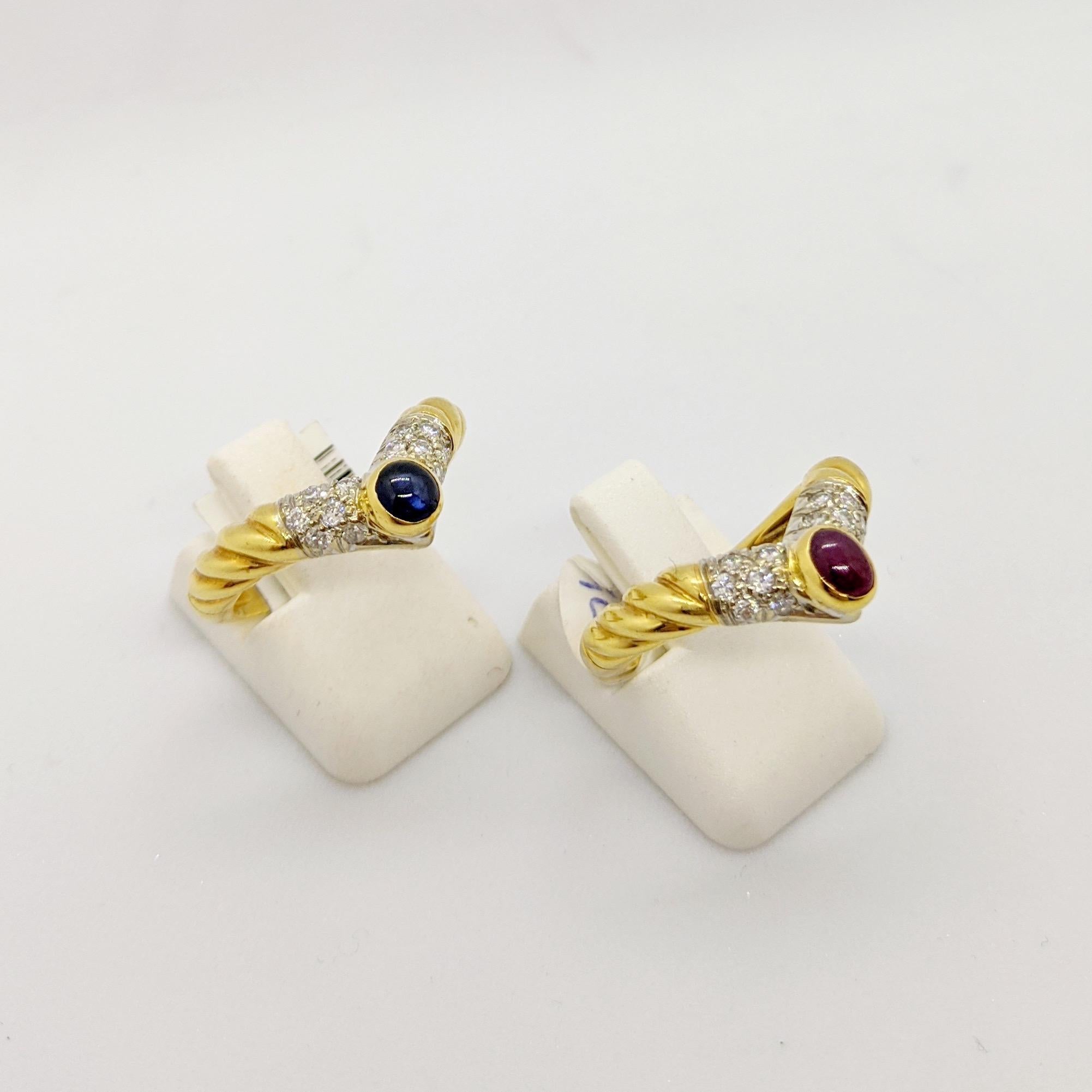 Two is better than one. A very easy to wear set of rings. Both rings are designed in 18 karat fluted yellow gold,  with pave diamonds an a oval ruby and sapphire cabochon center. Each ring forms a V shape and nest snuggly within each other.
Total