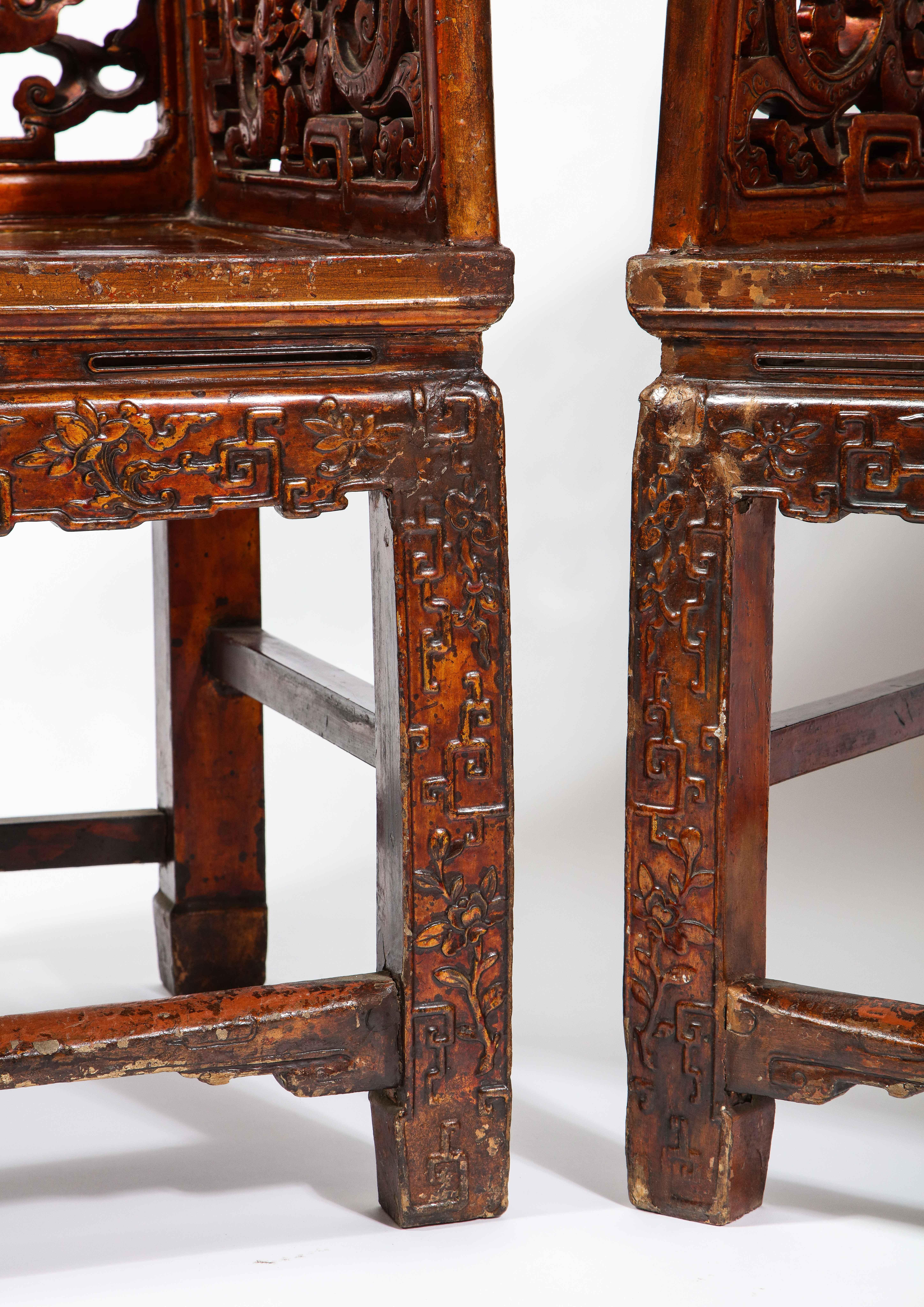Pair of 19th Century Chinese Lacquered Hardwood Open Work Throne Chairs 9