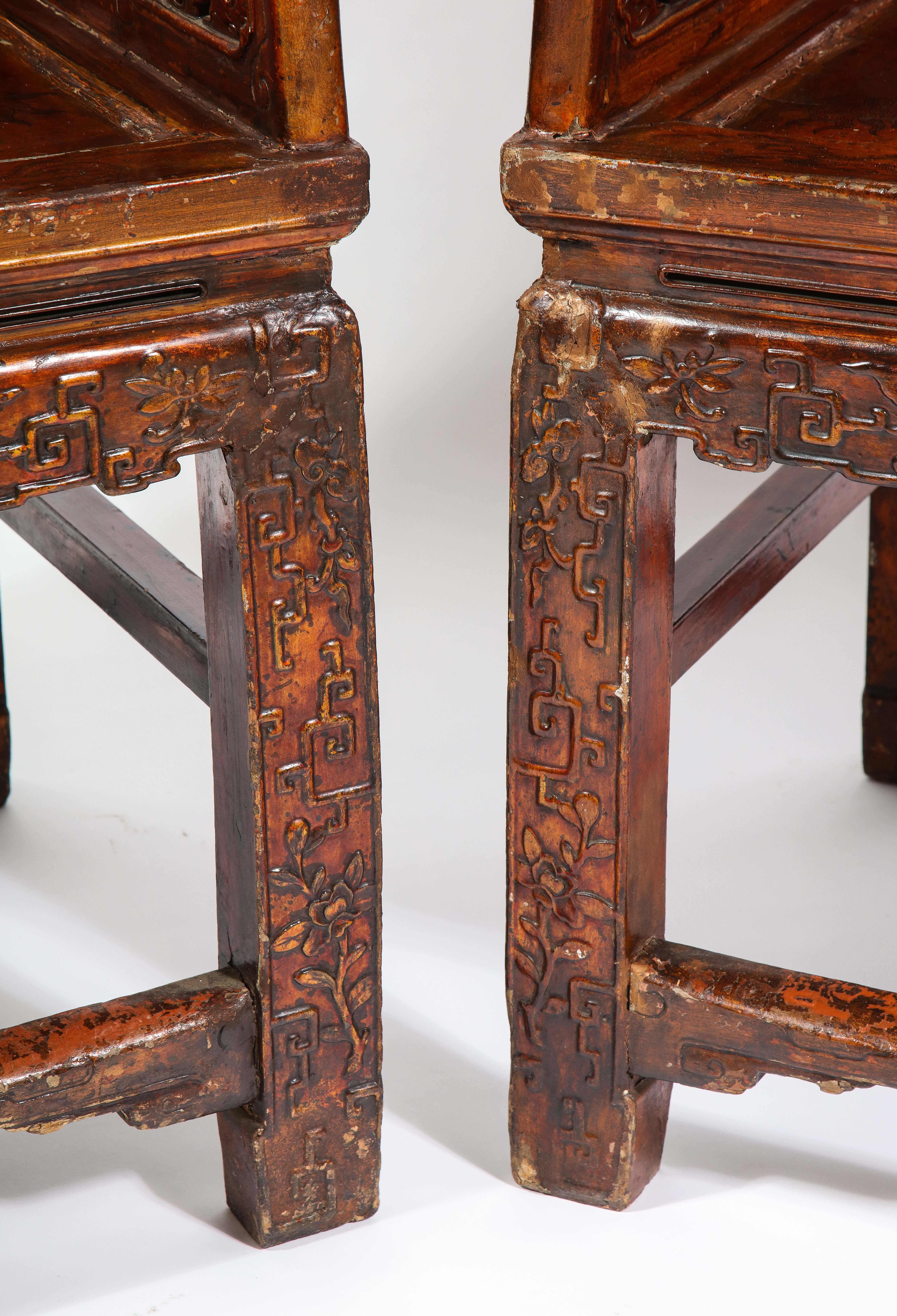Pair of 19th Century Chinese Lacquered Hardwood Open Work Throne Chairs 11