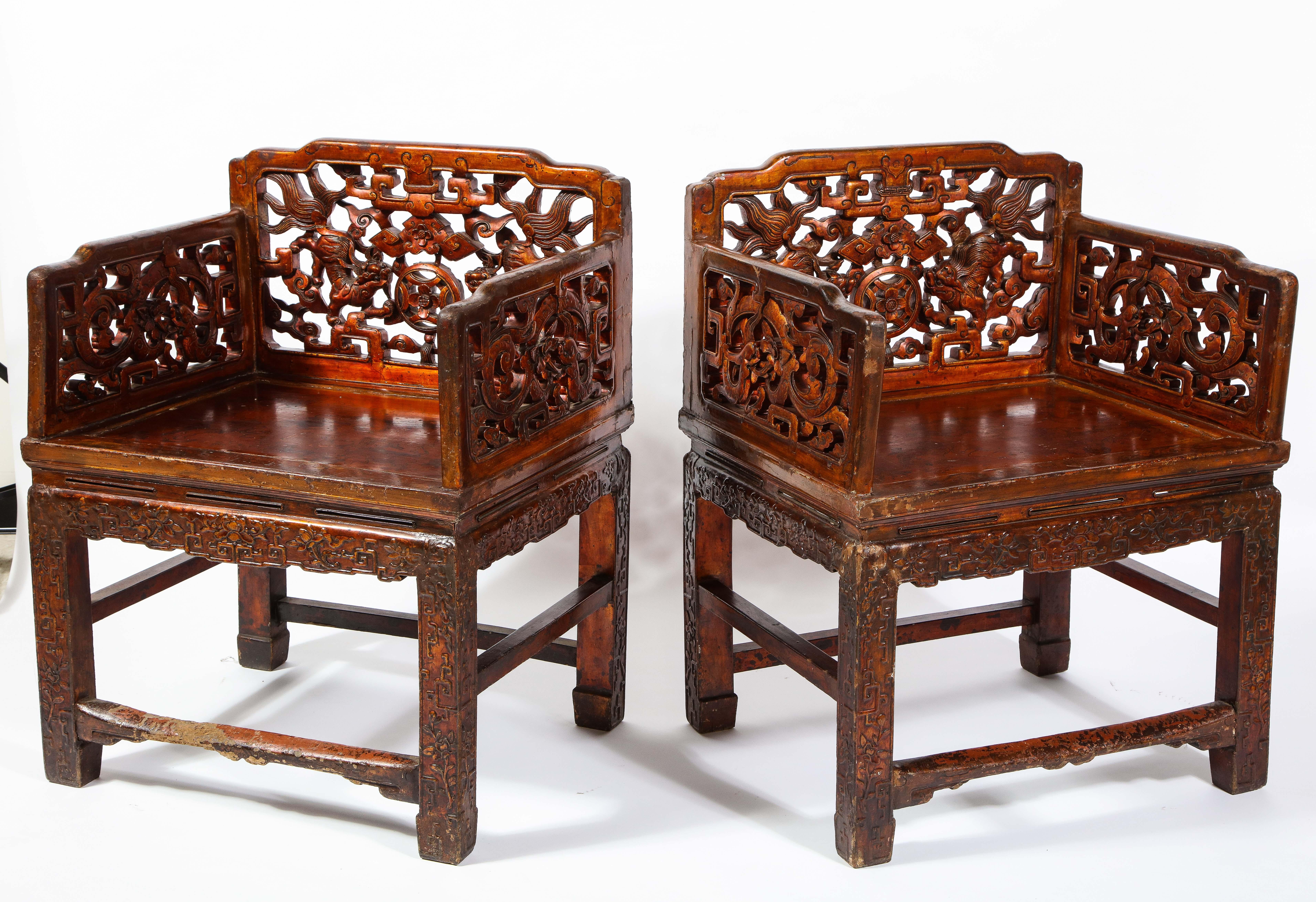 Qing Pair of 19th Century Chinese Lacquered Hardwood Open Work Throne Chairs