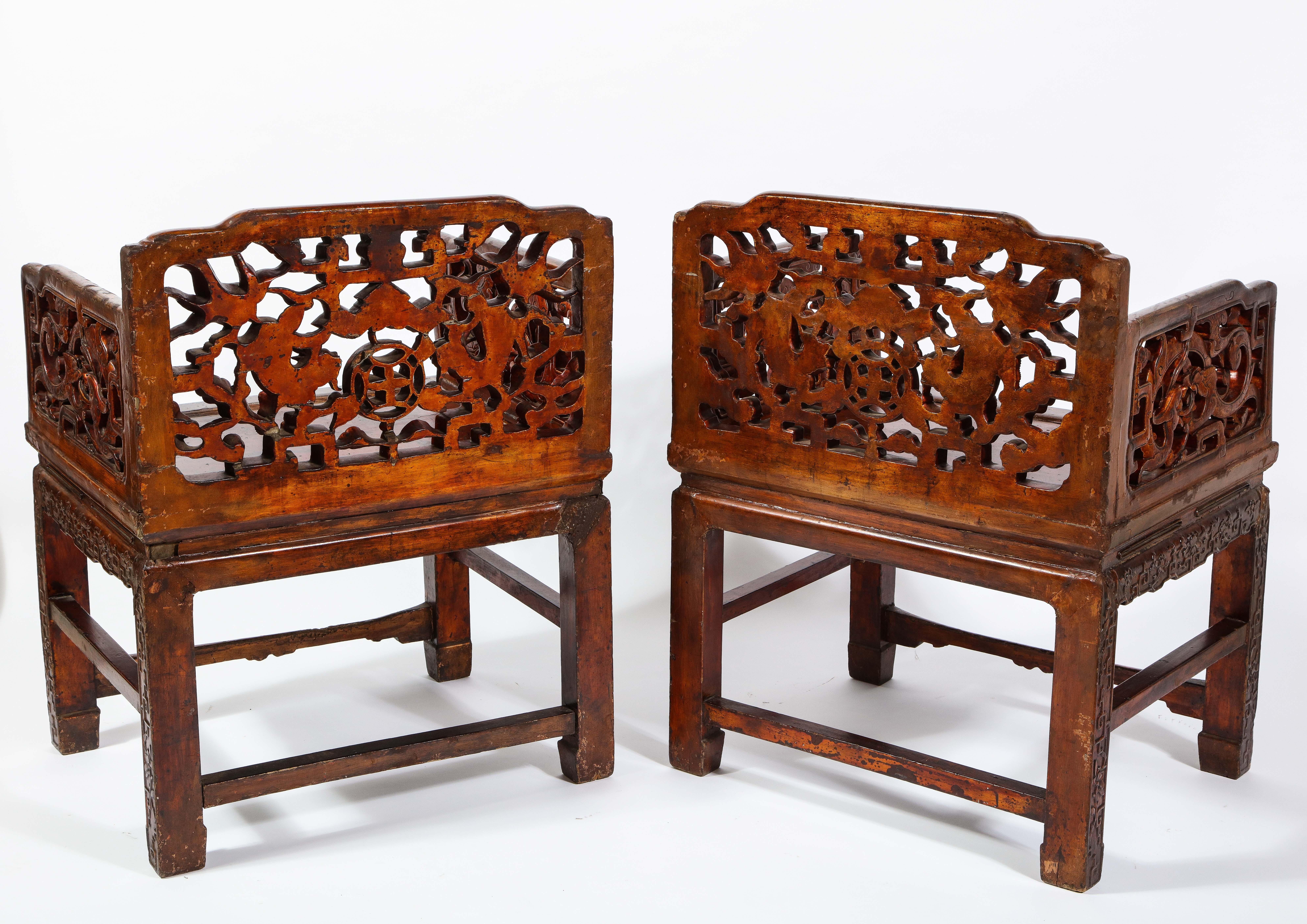 Mid-19th Century Pair of 19th Century Chinese Lacquered Hardwood Open Work Throne Chairs