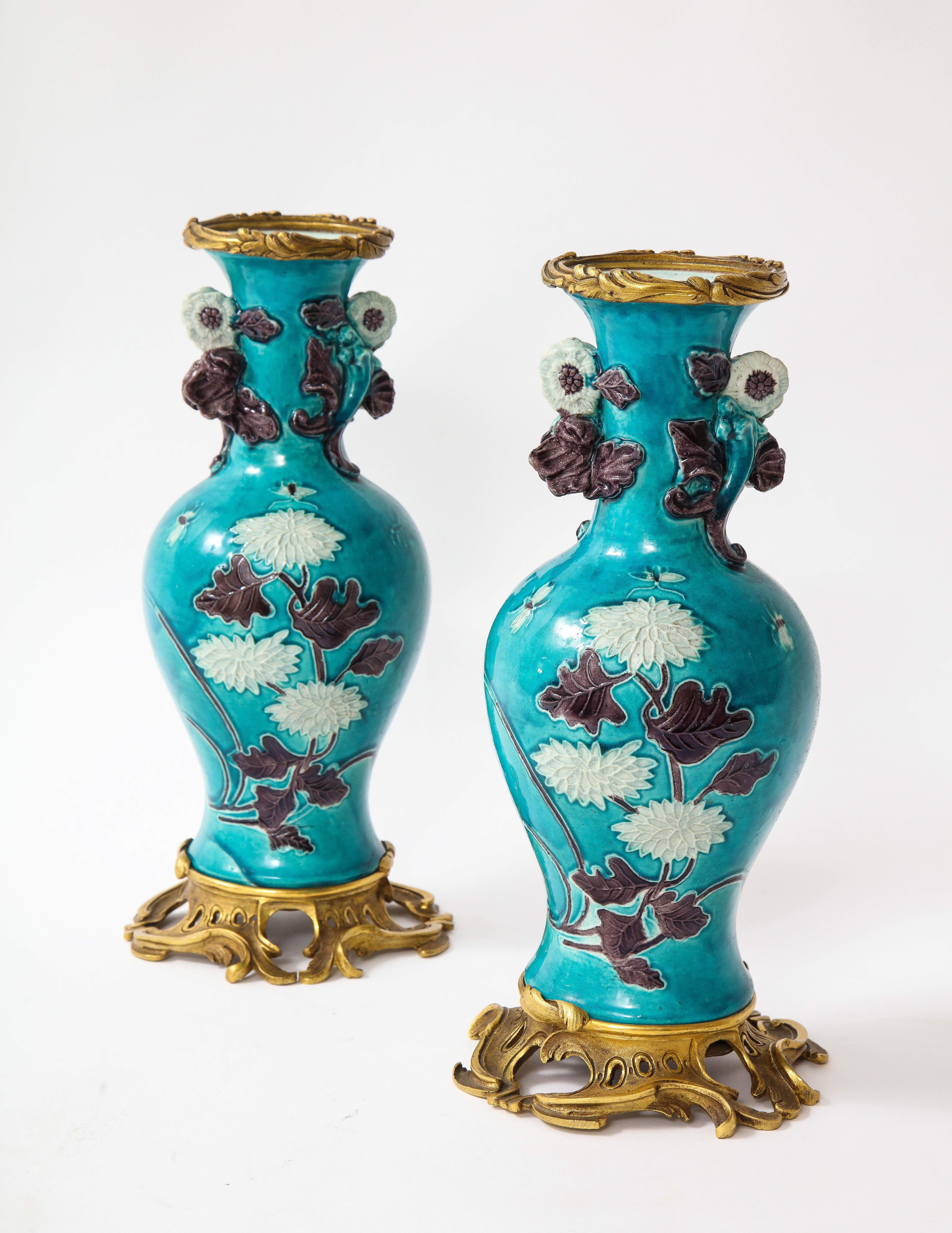Enameled Pair of 18th Century Chinese Porcelain Vases with French Doré Bronze Mounts For Sale