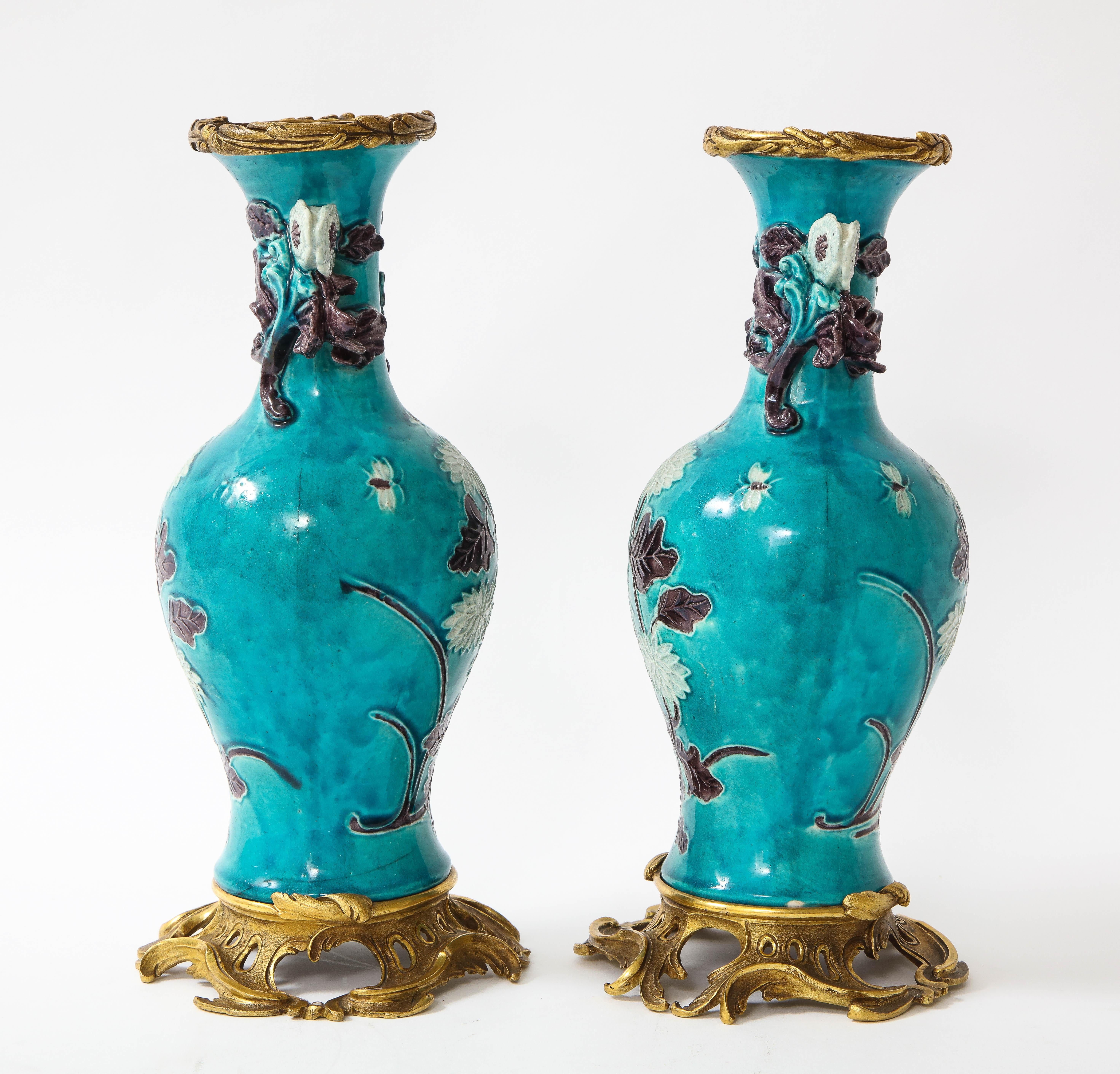 Pair of 18th Century Chinese Porcelain Vases with French Doré Bronze Mounts For Sale 1