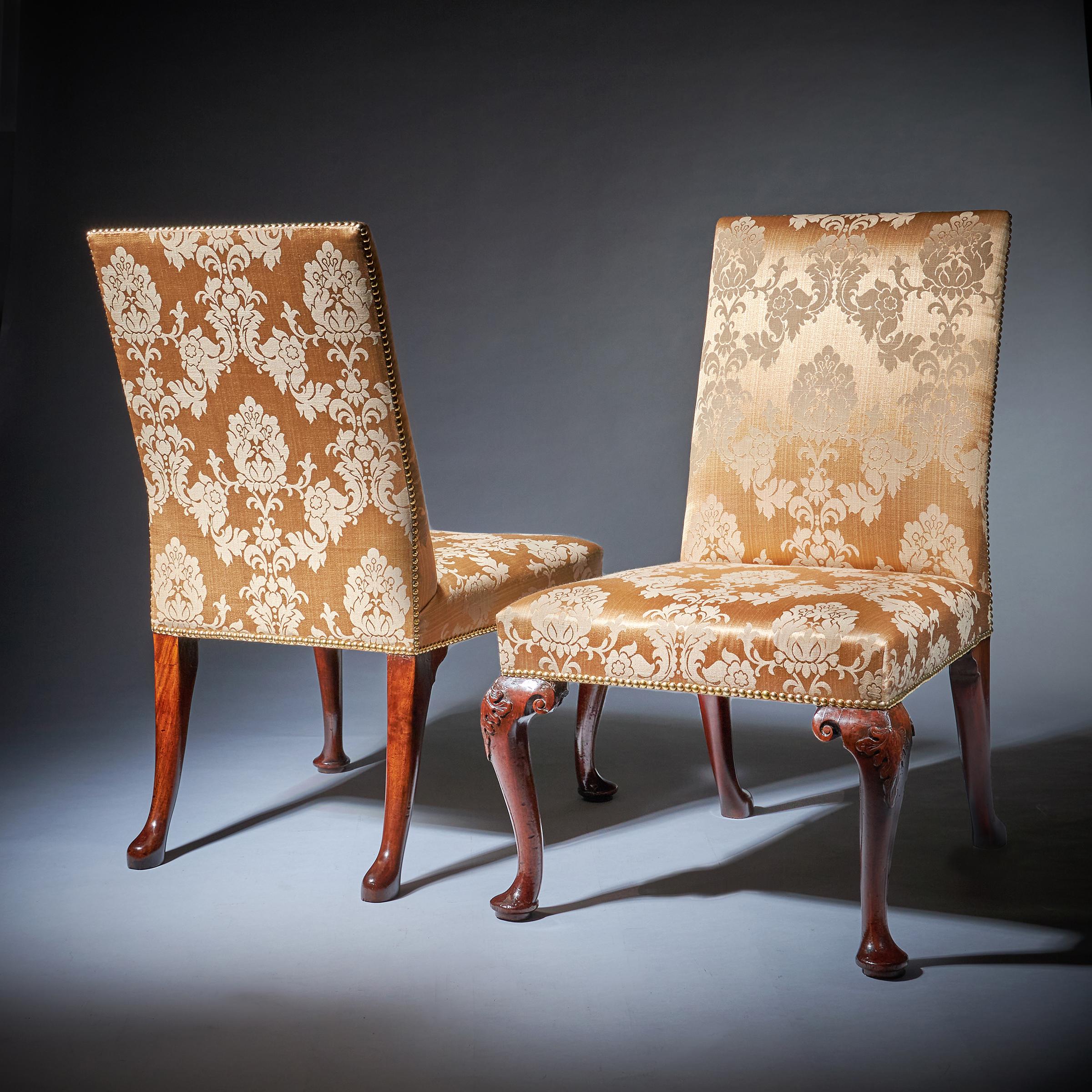English Pair of 18th C. George II Mahogany High Back Chairs on Carved Cabriole Legs