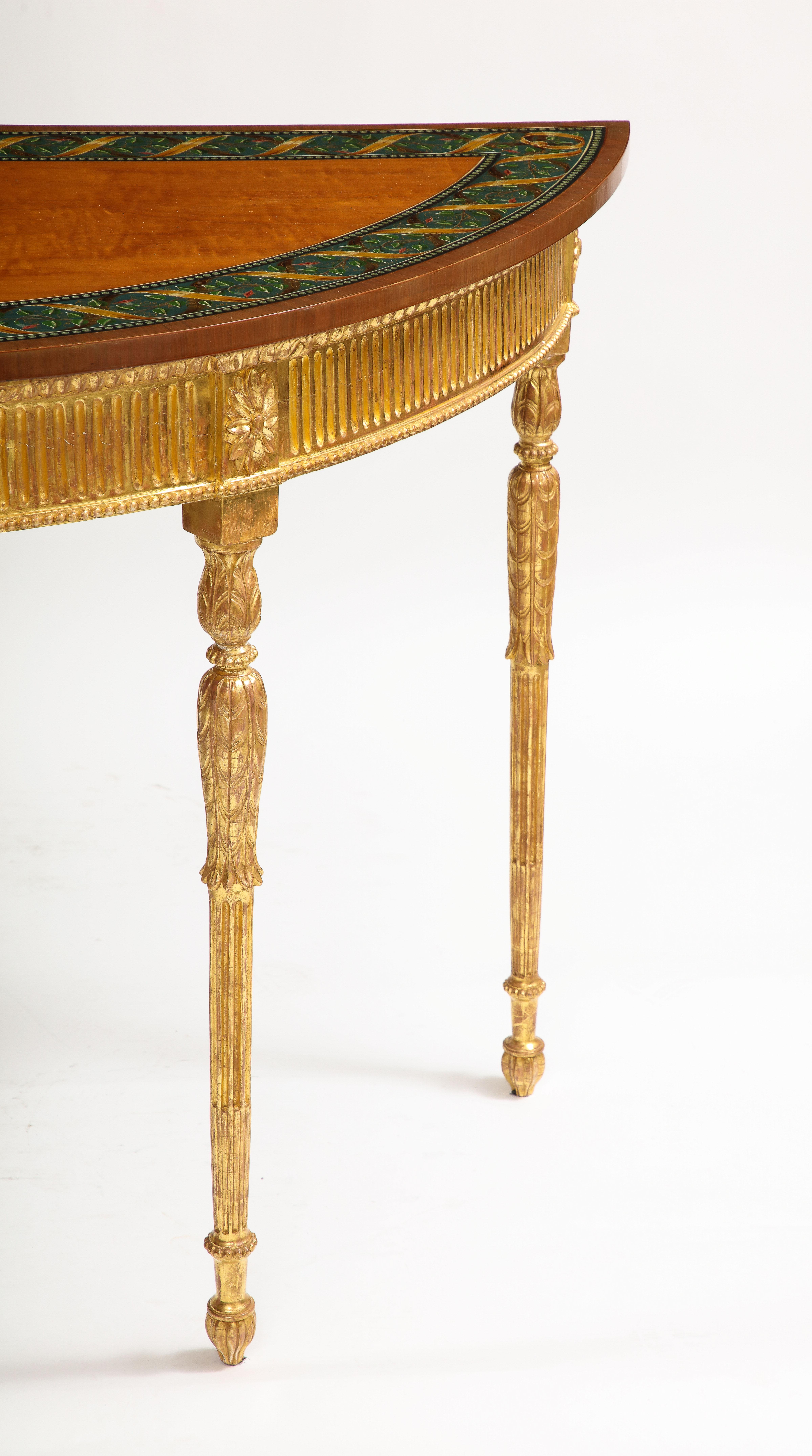 A Pair of 18th C. George III Gilt-Wood Demi-lune Consoles tables w/ Painted Tops 4