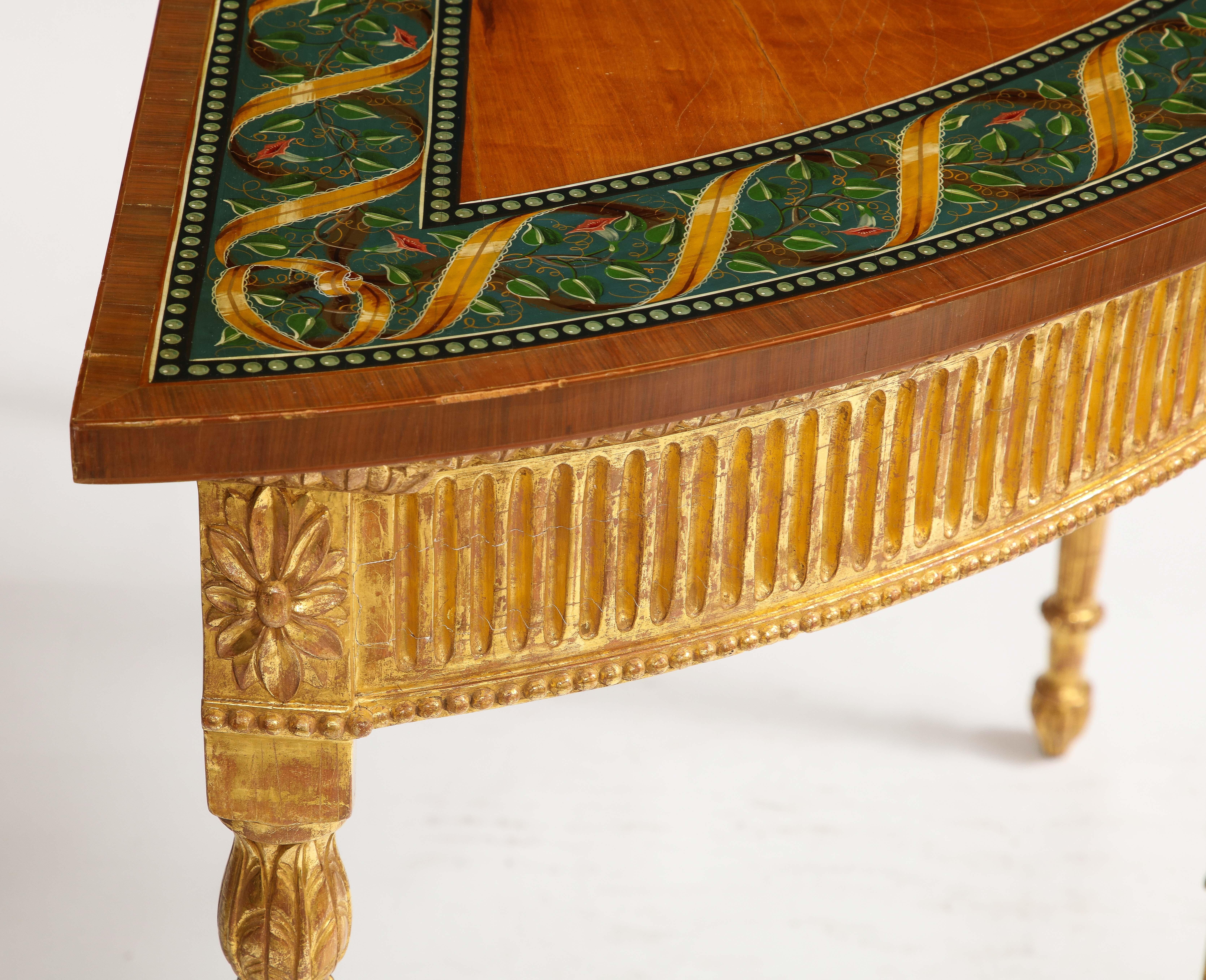 A Pair of 18th C. George III Gilt-Wood Demi-lune Consoles tables w/ Painted Tops 5