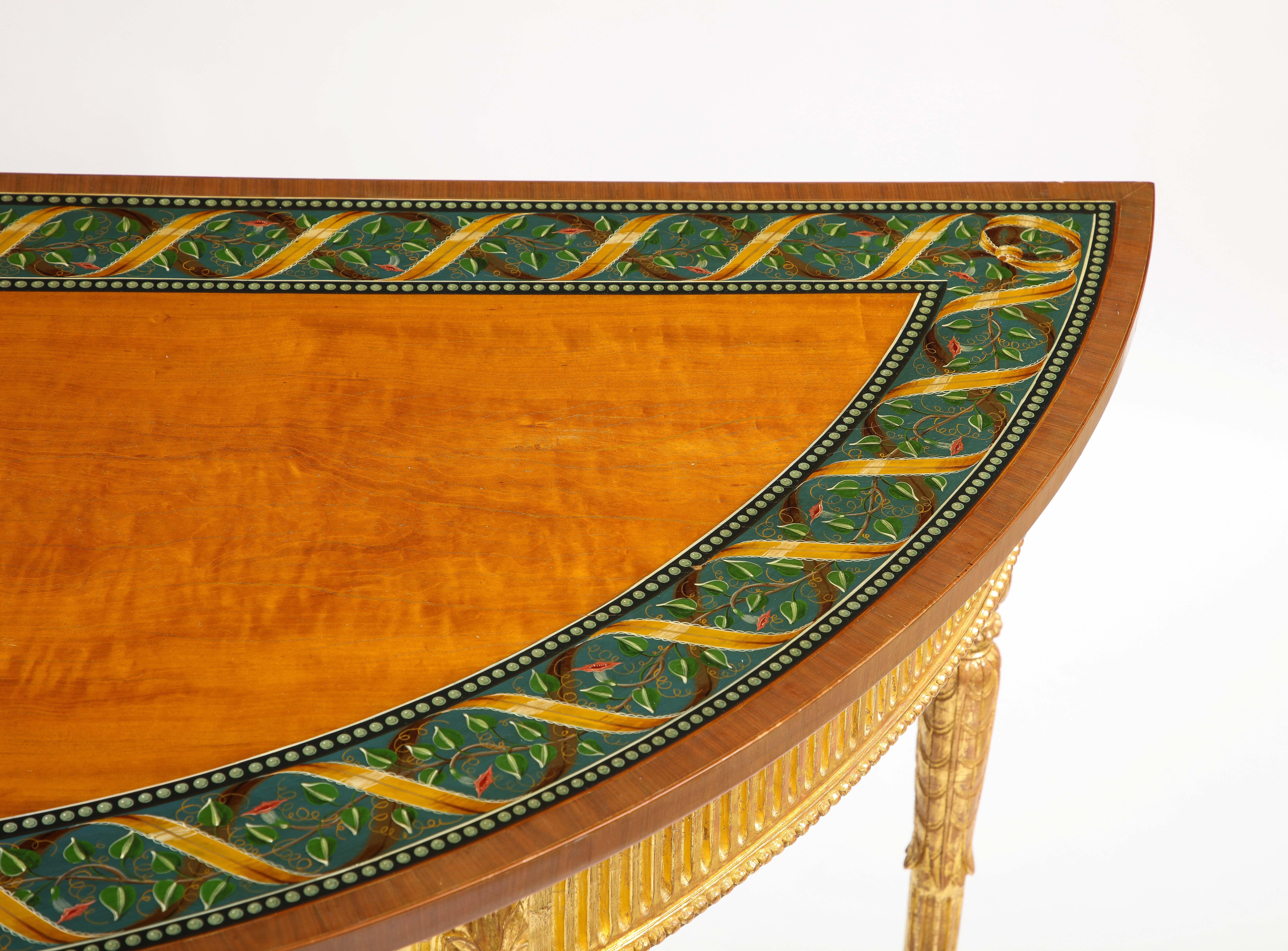 A Pair of 18th C. George III Gilt-Wood Demi-lune Consoles tables w/ Painted Tops For Sale 6