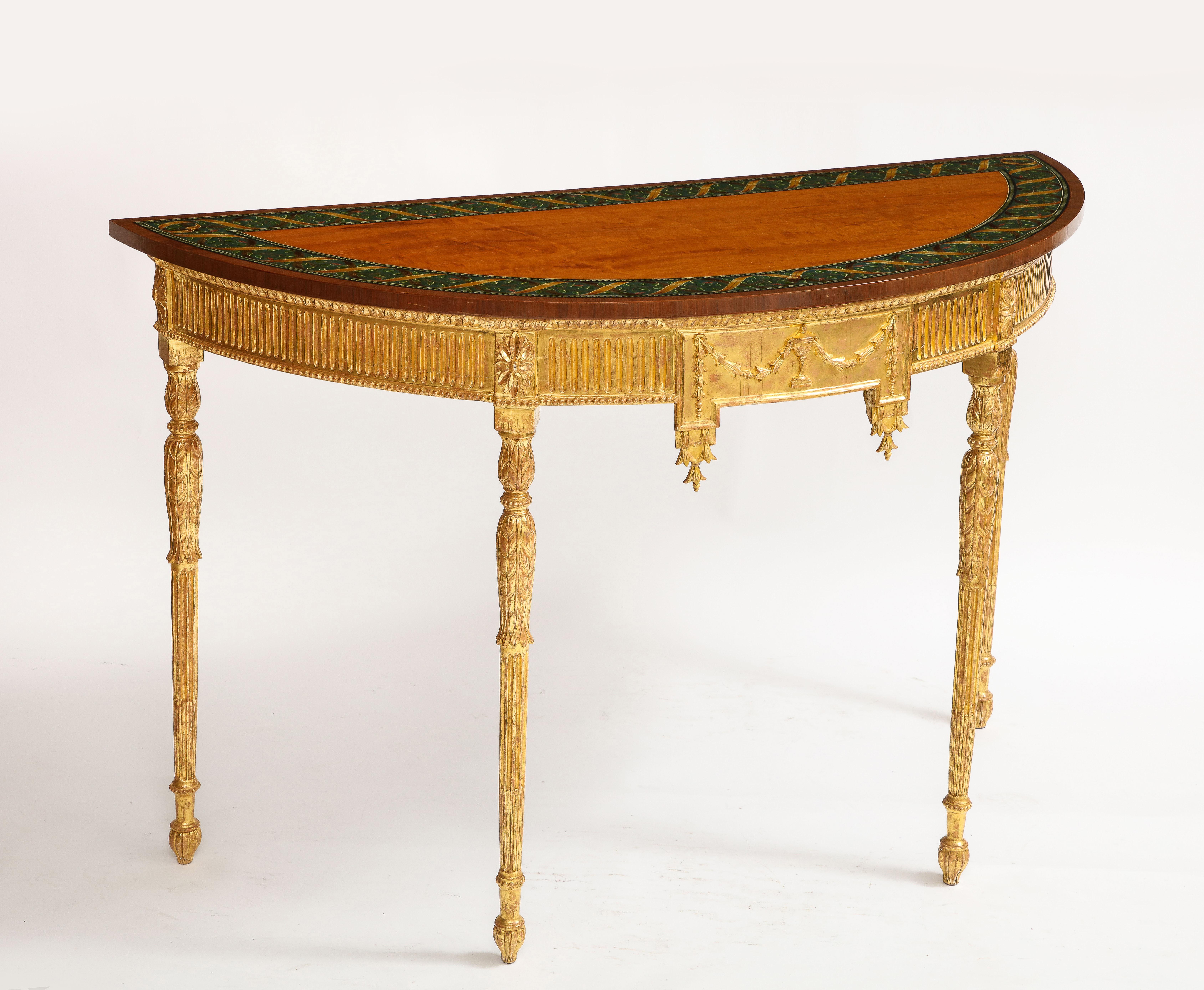Hand-Carved A Pair of 18th C. George III Gilt-Wood Demi-lune Consoles tables w/ Painted Tops For Sale