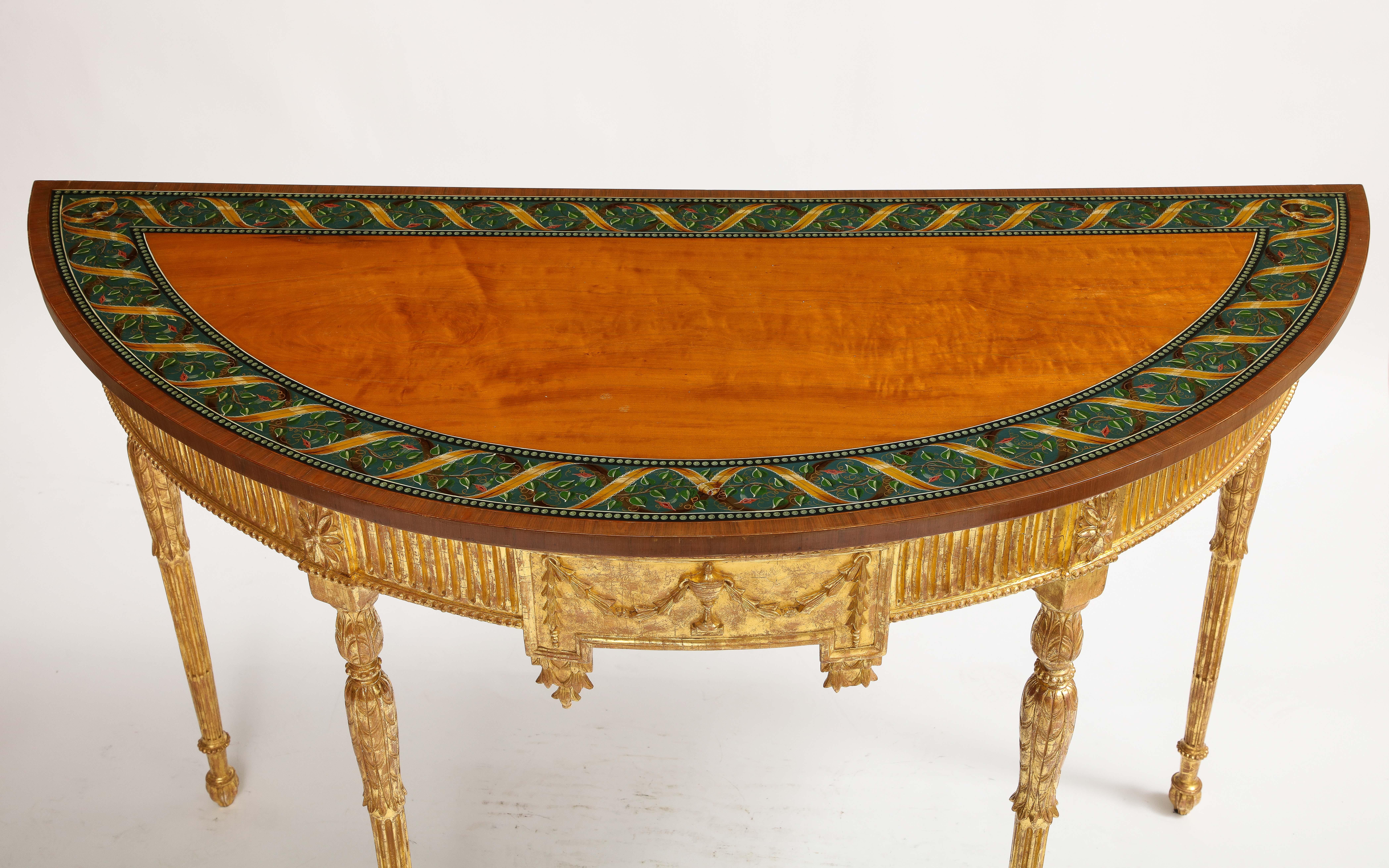 A Pair of 18th C. George III Gilt-Wood Demi-lune Consoles tables w/ Painted Tops In Good Condition For Sale In New York, NY