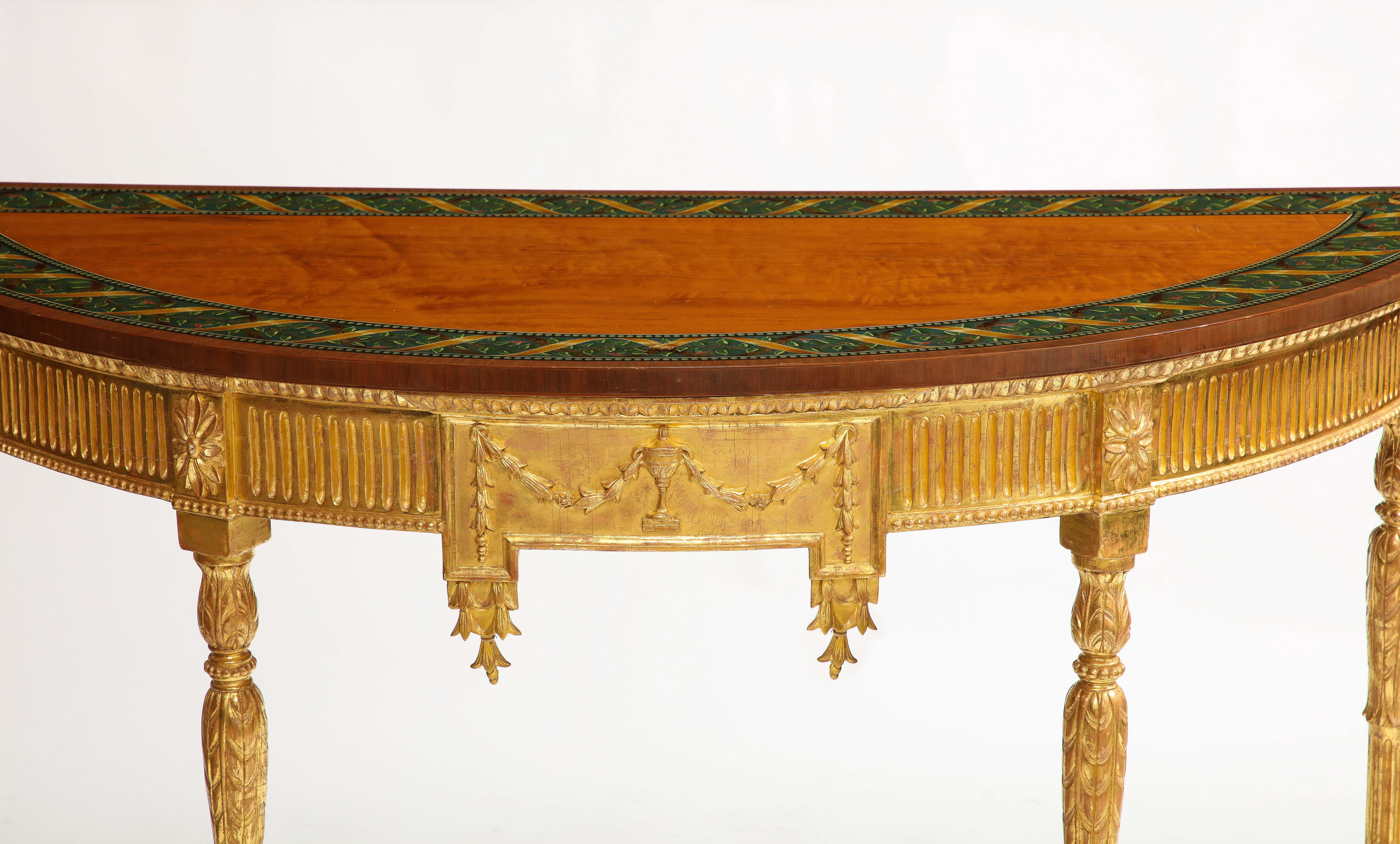 18th Century and Earlier A Pair of 18th C. George III Gilt-Wood Demi-lune Consoles tables w/ Painted Tops For Sale