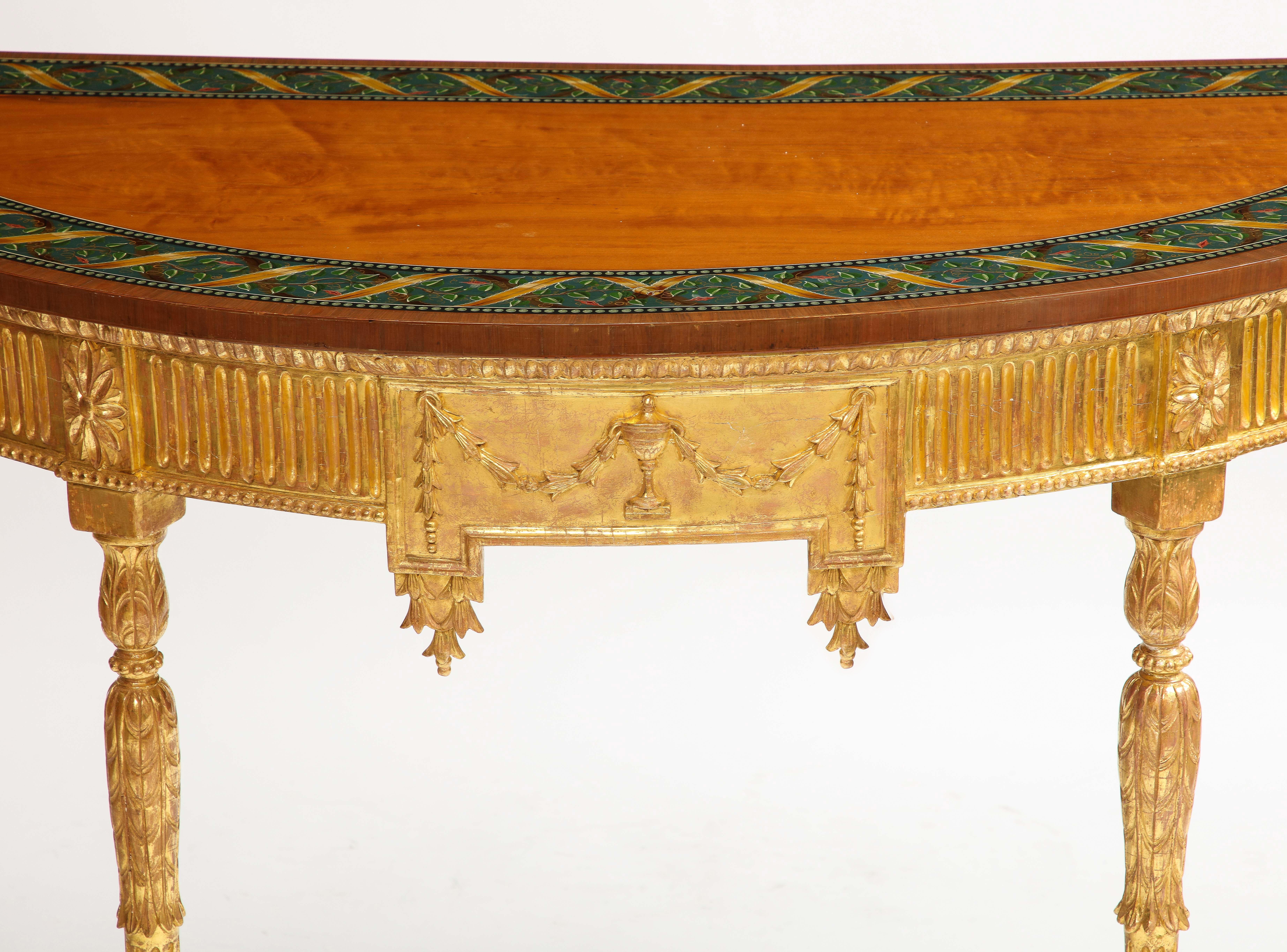 A Pair of 18th C. George III Gilt-Wood Demi-lune Consoles tables w/ Painted Tops 1