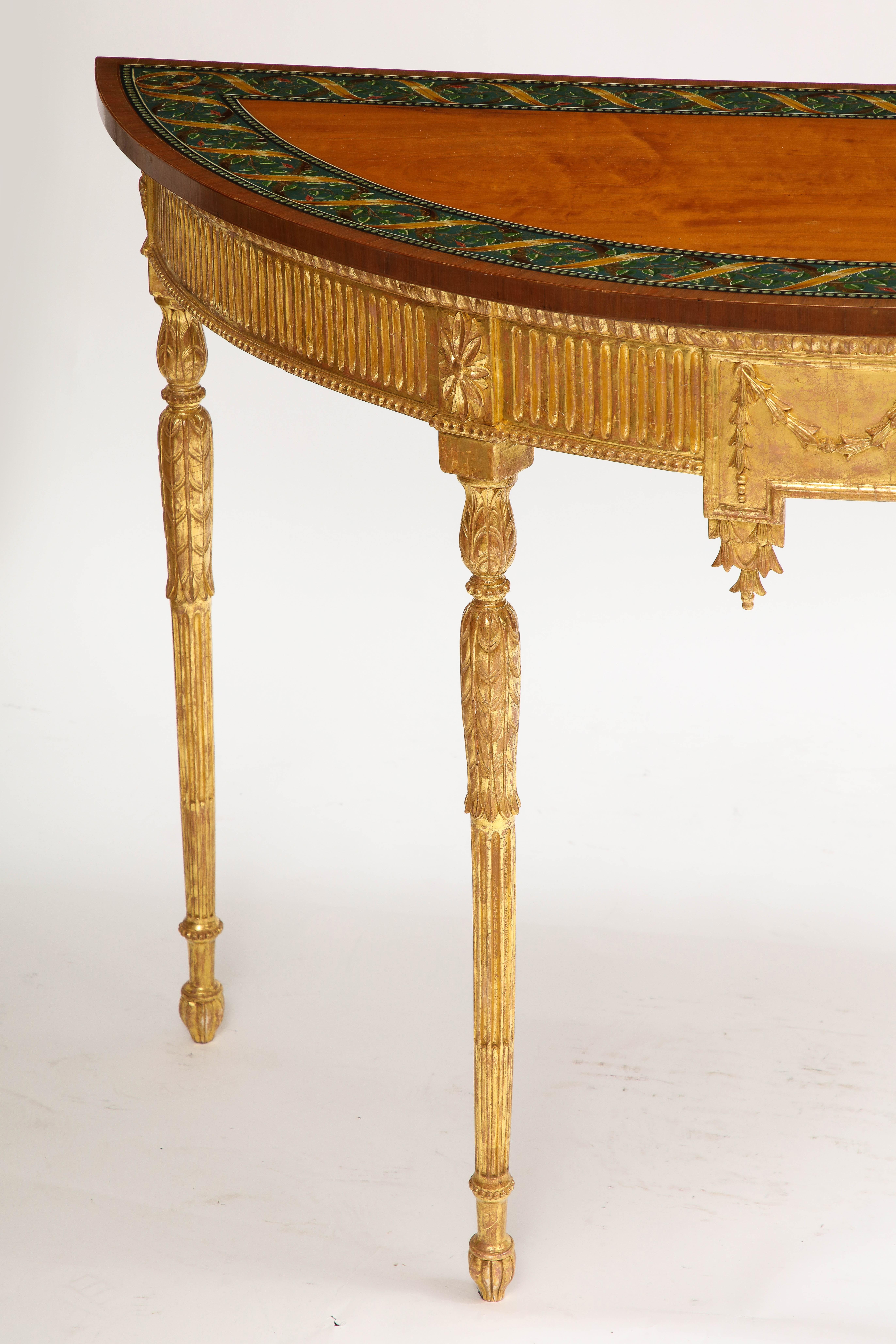A Pair of 18th C. George III Gilt-Wood Demi-lune Consoles tables w/ Painted Tops 2