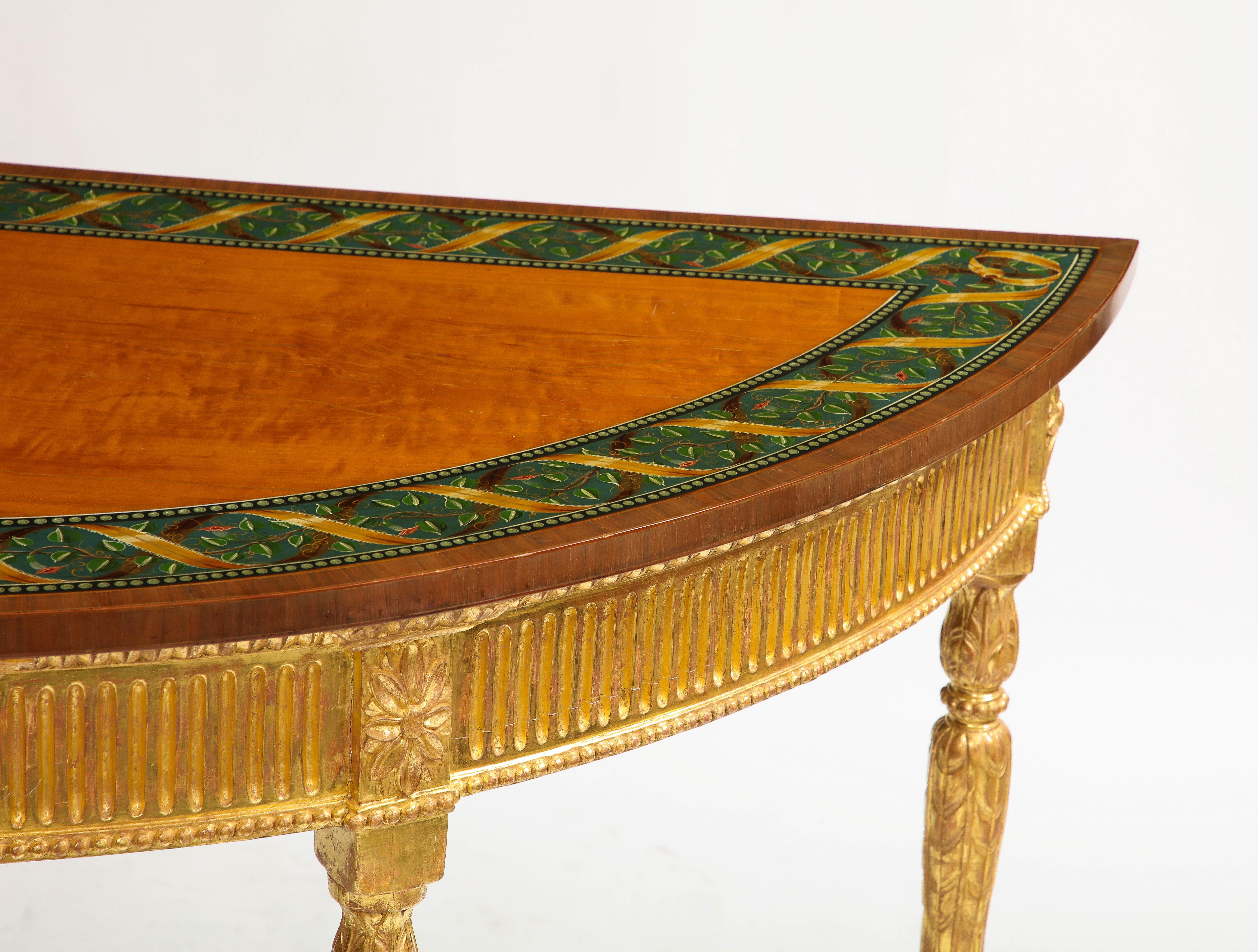 A Pair of 18th C. George III Gilt-Wood Demi-lune Consoles tables w/ Painted Tops For Sale 3