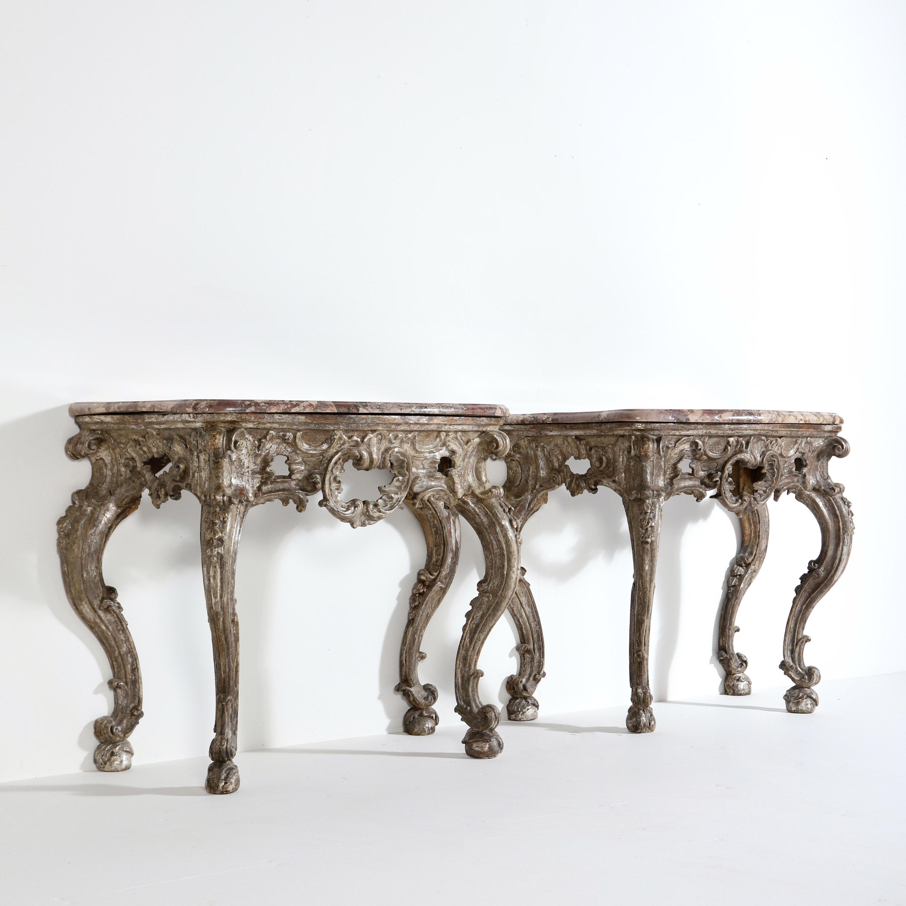 Silvered Pair of 18th Century Baroque Silver Console Tables