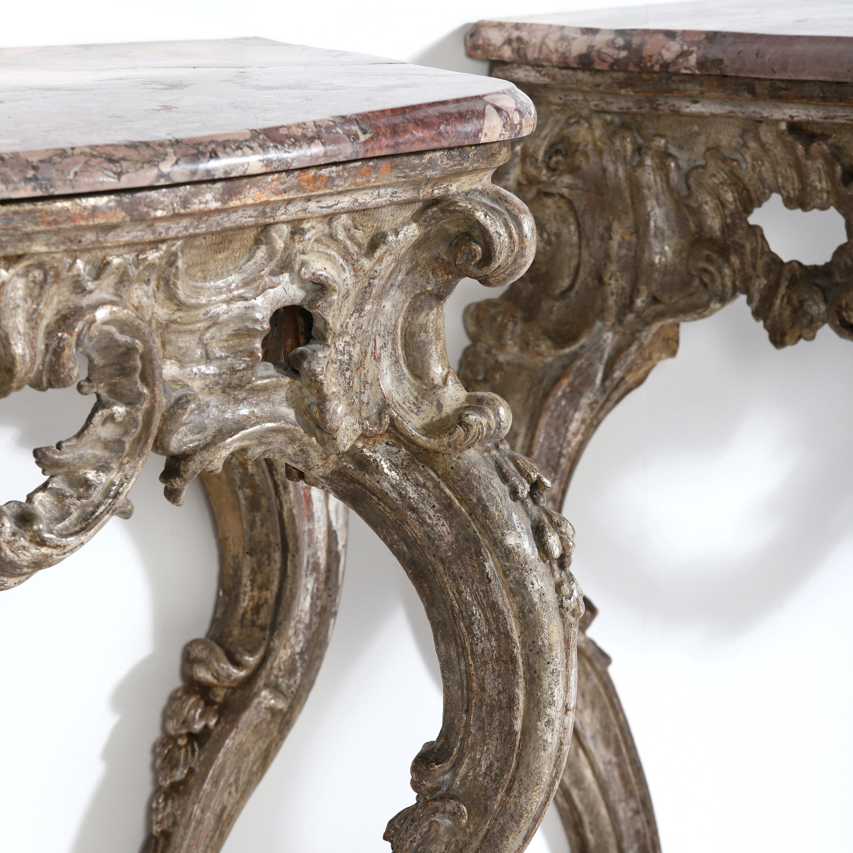 Silver Leaf Pair of 18th Century Baroque Silver Console Tables