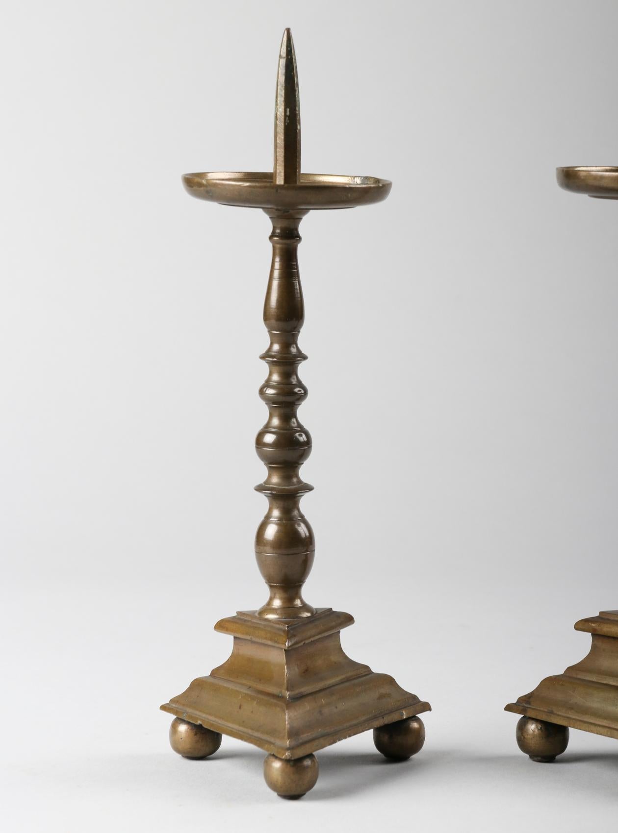 Renaissance Revival Pair of 18th Century Brass Antique Candlesticks
