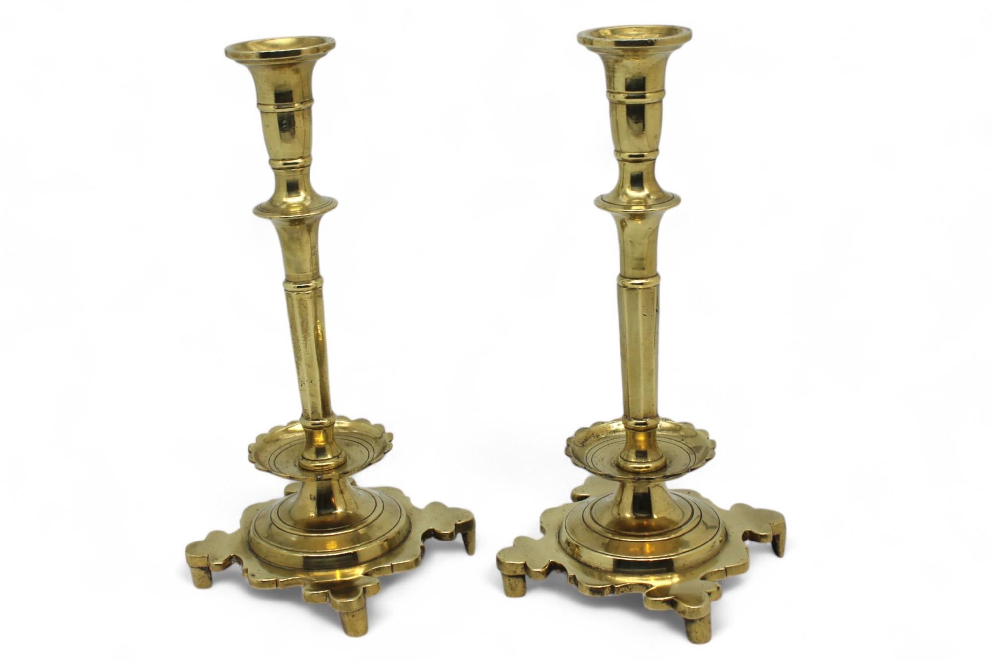 Cast A Pair of 18th Century Brass Polish Shabbat Candlesticks For Sale