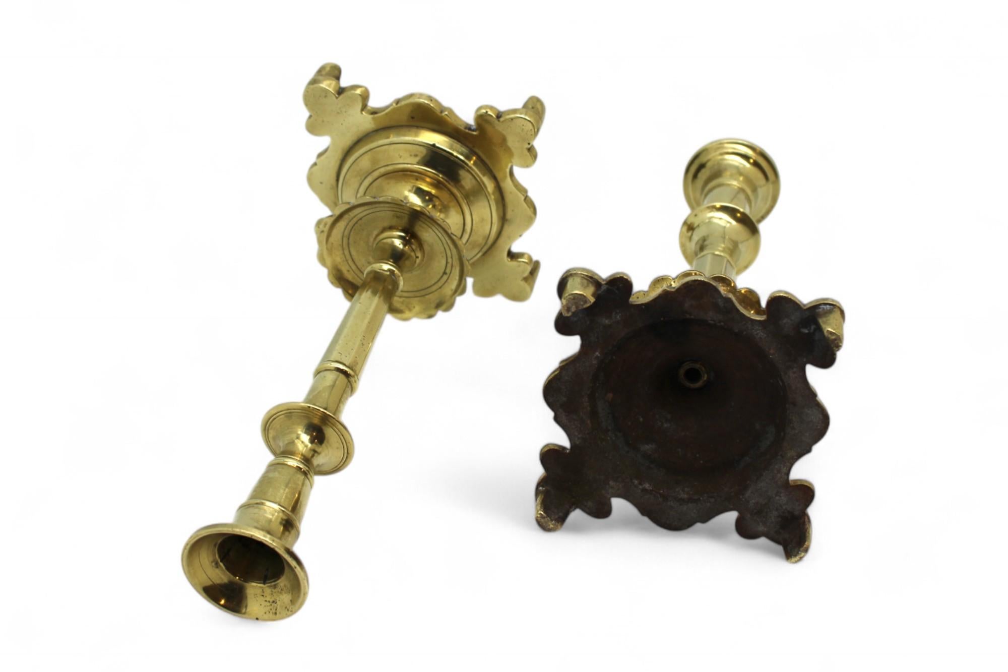 18th Century and Earlier A Pair of 18th Century Brass Polish Shabbat Candlesticks For Sale