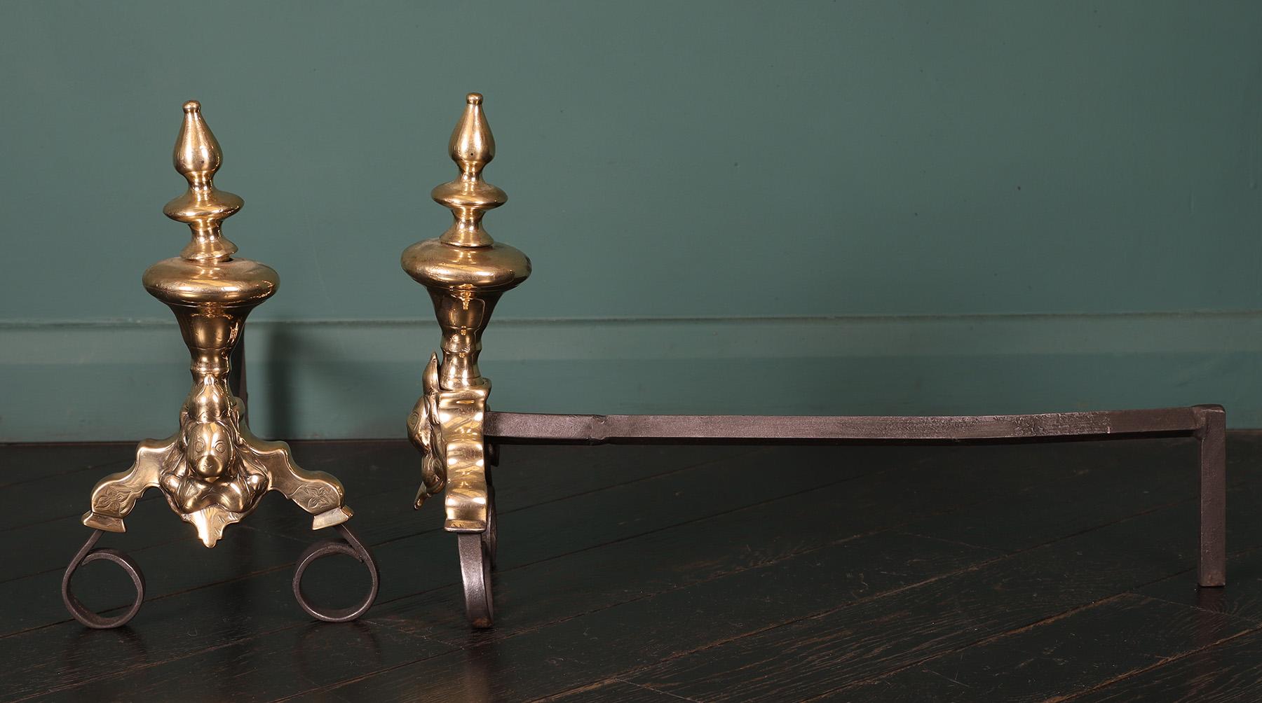 Other A Pair of 18th Century Dutch Brass & Wrought Andirons For Sale