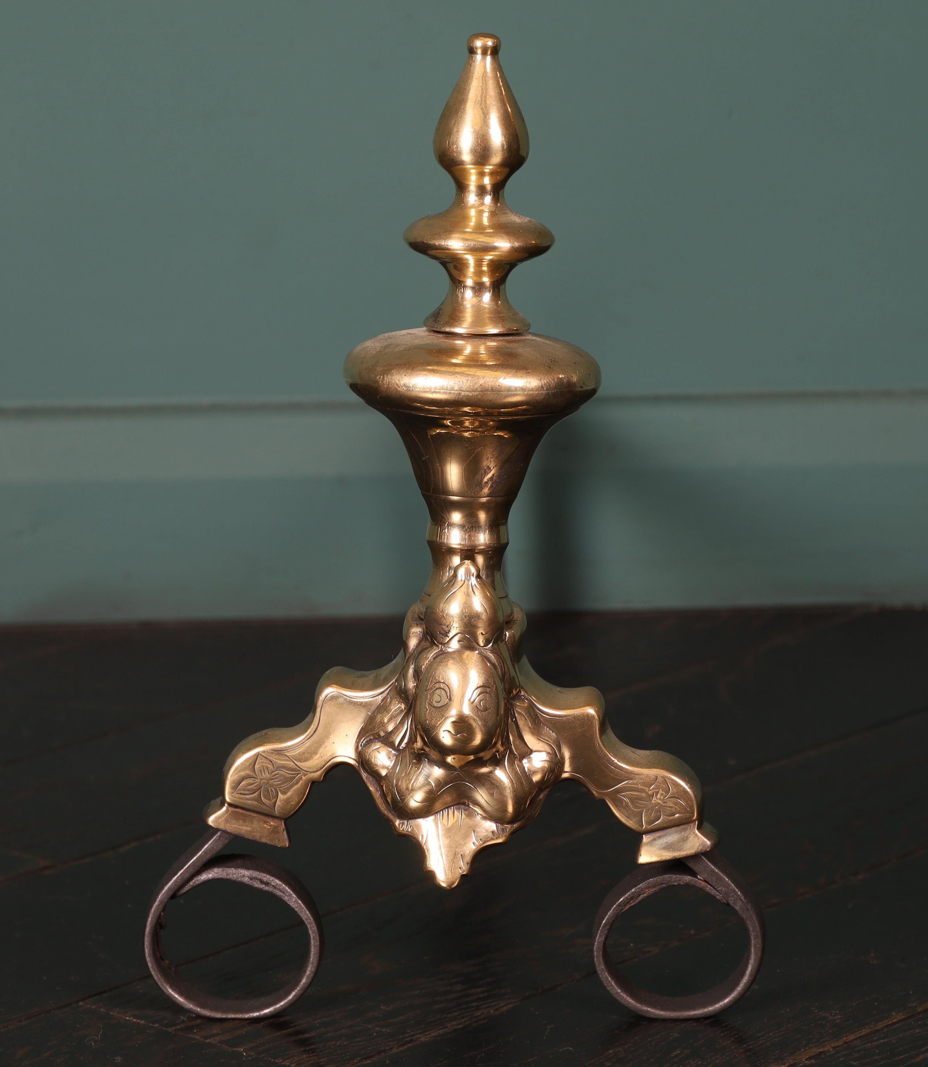 Polished A Pair of 18th Century Dutch Brass & Wrought Andirons For Sale