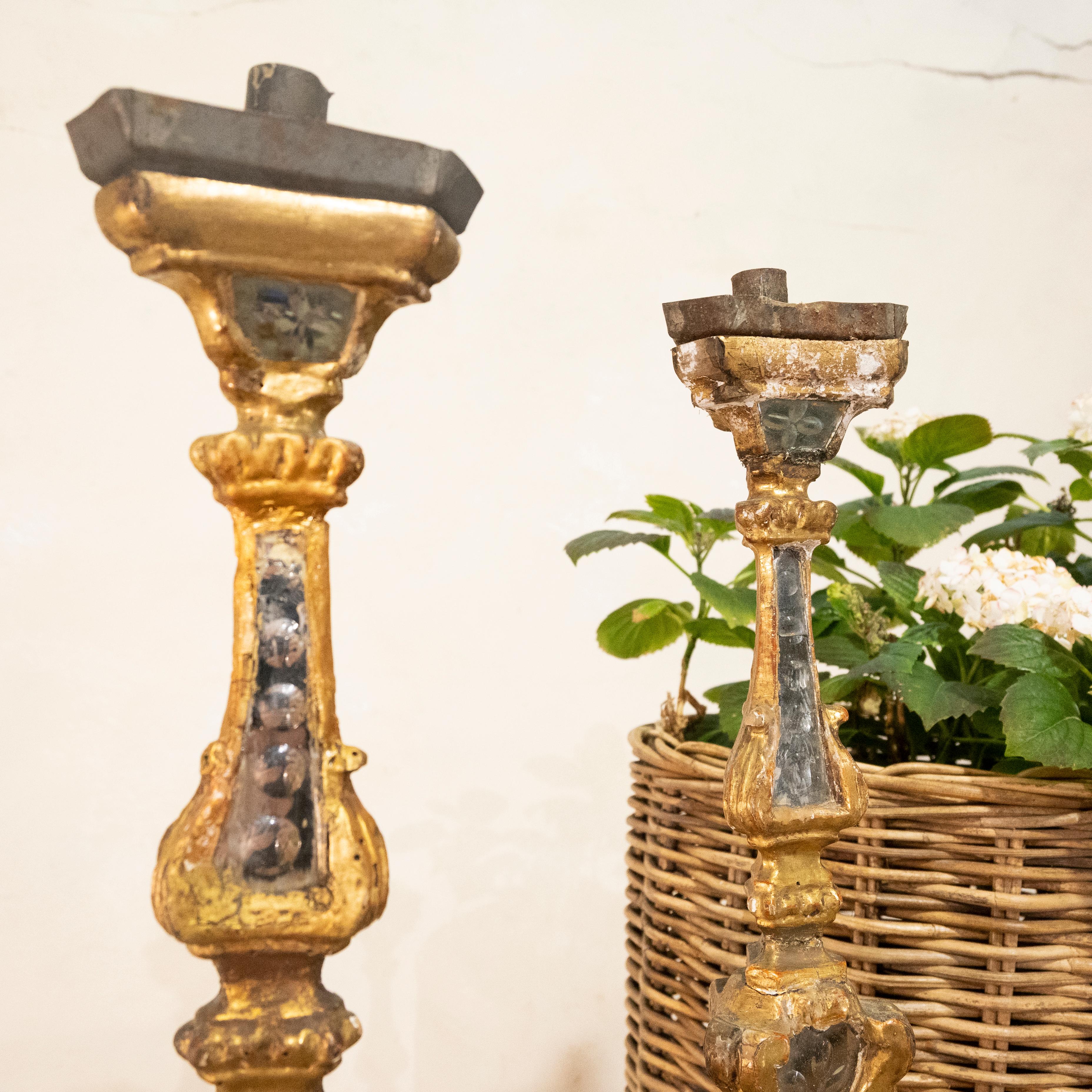 Pair of 18th Century Gilded & Mirrored Glass Venetian Altar, Candlesticks For Sale 4