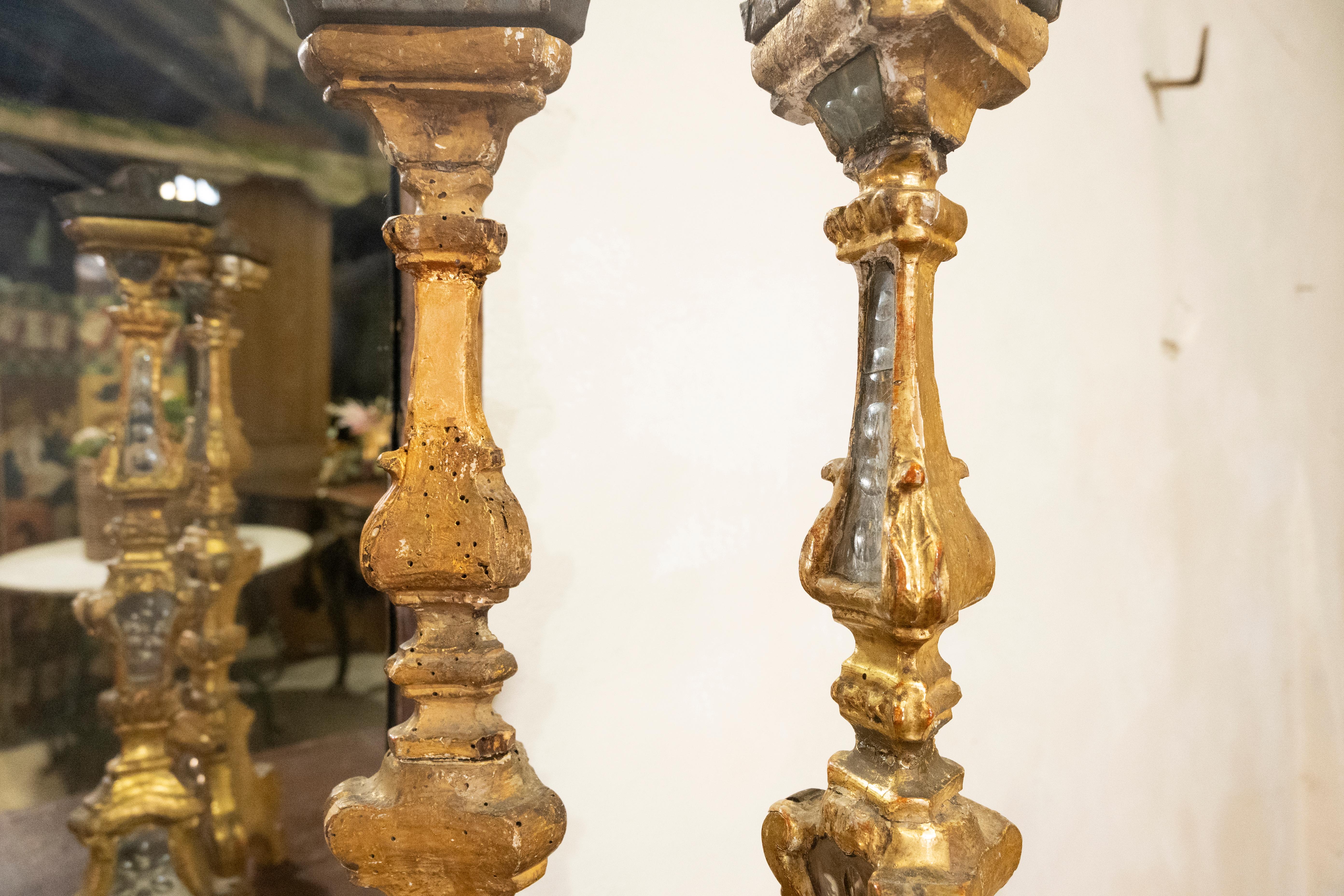 Hand-Carved Pair of 18th Century Gilded & Mirrored Glass Venetian Altar, Candlesticks For Sale