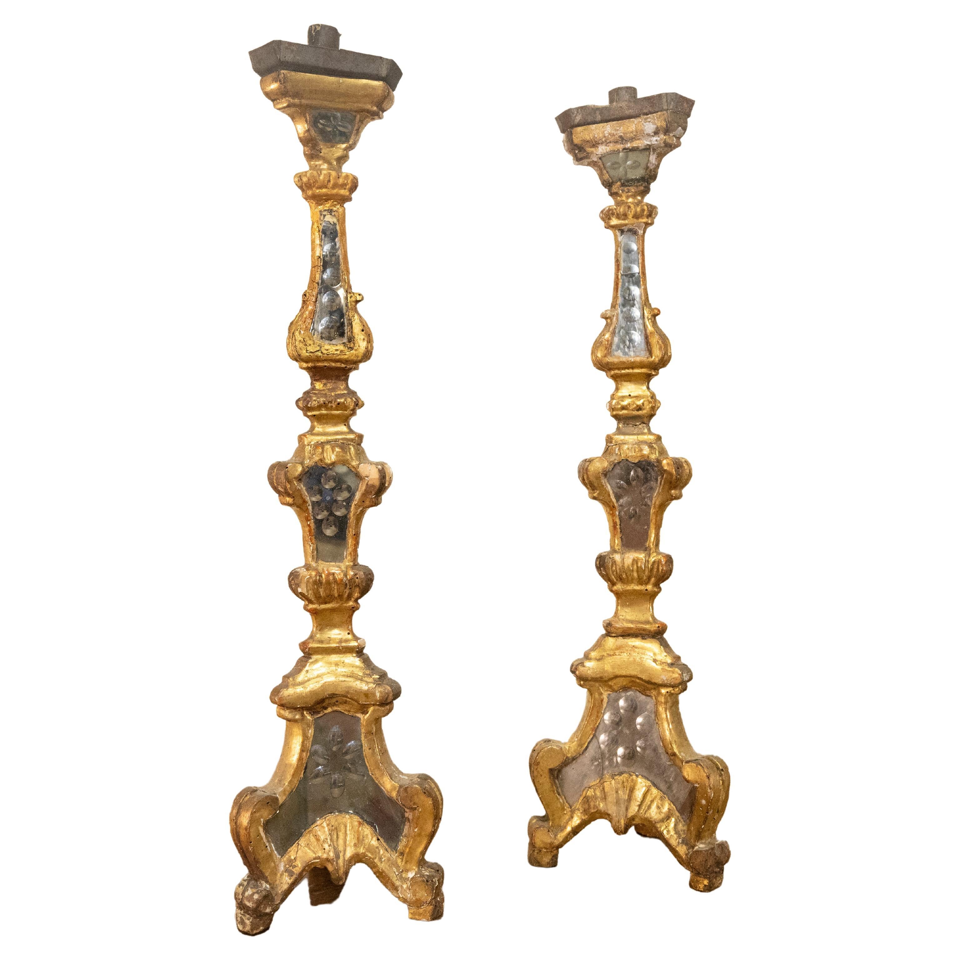 Pair of 18th Century Gilded & Mirrored Glass Venetian Altar, Candlesticks For Sale
