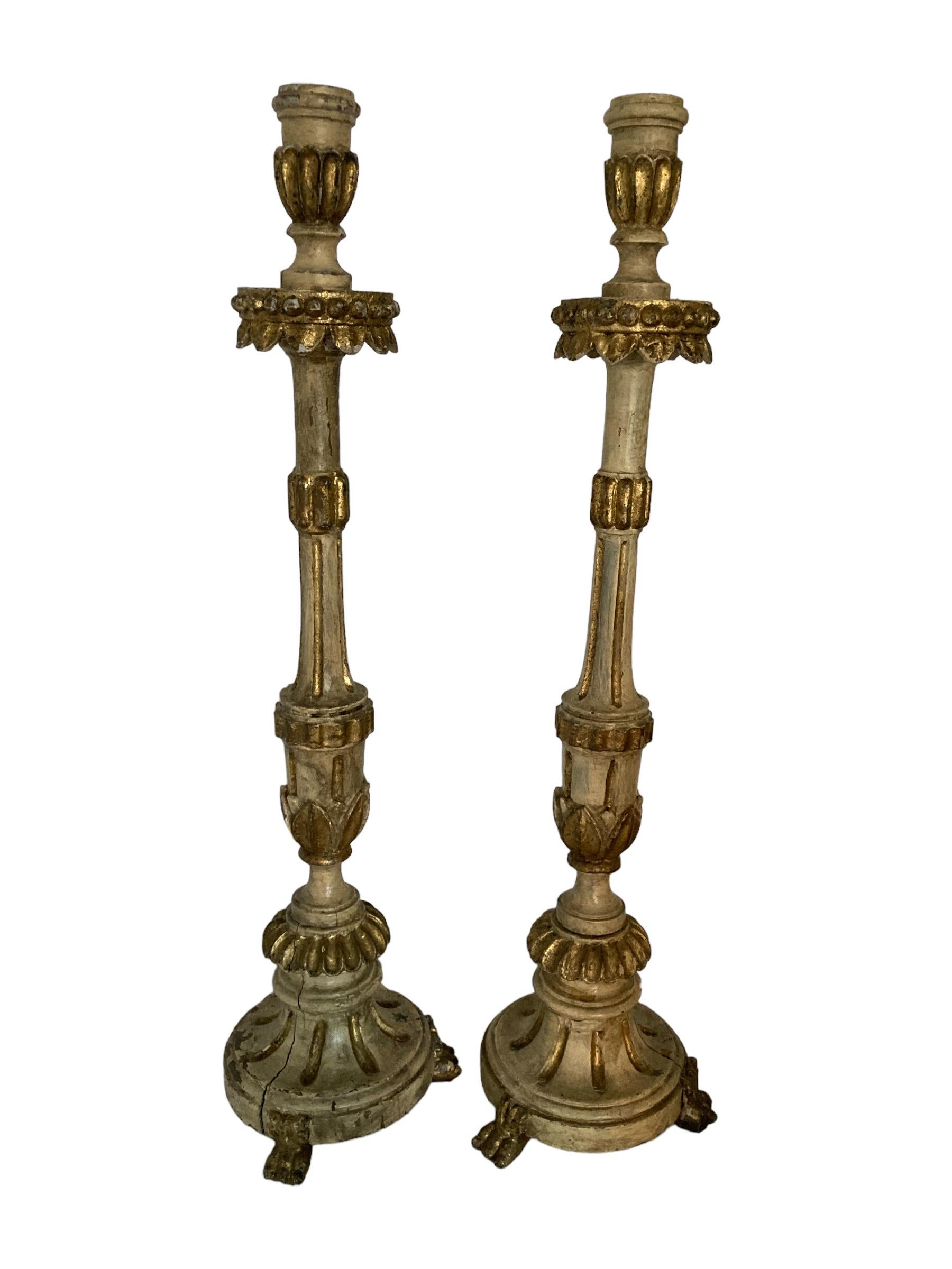 George III A Pair of 18th Century Italian painted and Gilt Wooden Candlesticks For Sale