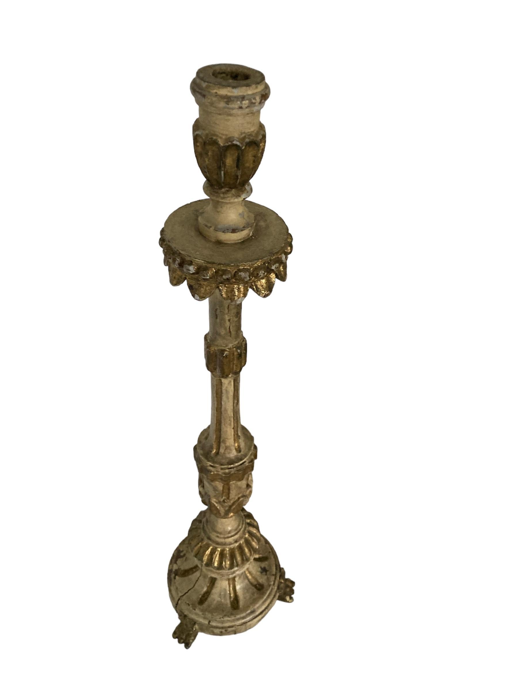 A Pair of 18th Century Italian painted and Gilt Wooden Candlesticks For Sale 1