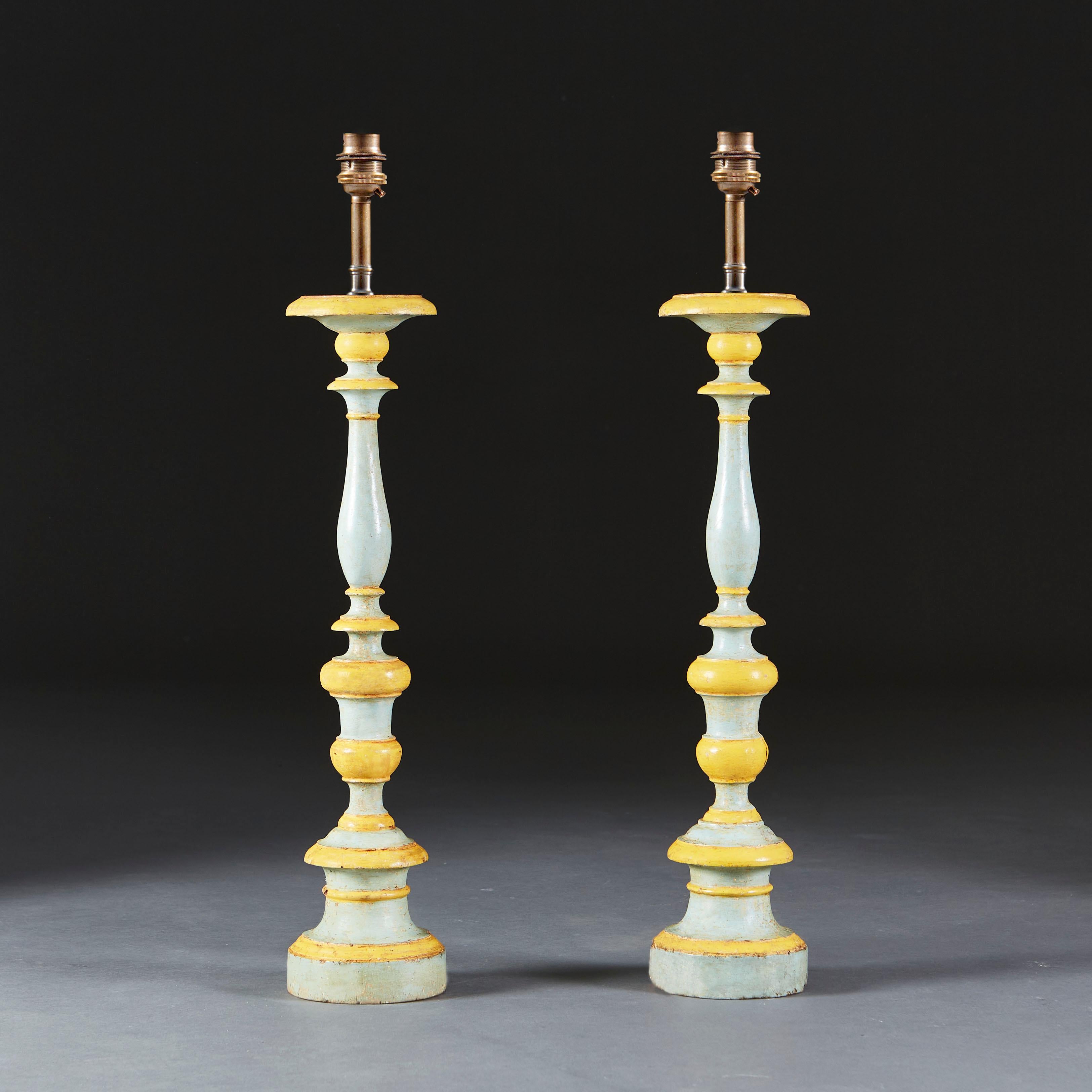 Pair of 18th Century Italian Painted Candlesticks as Lamps 1