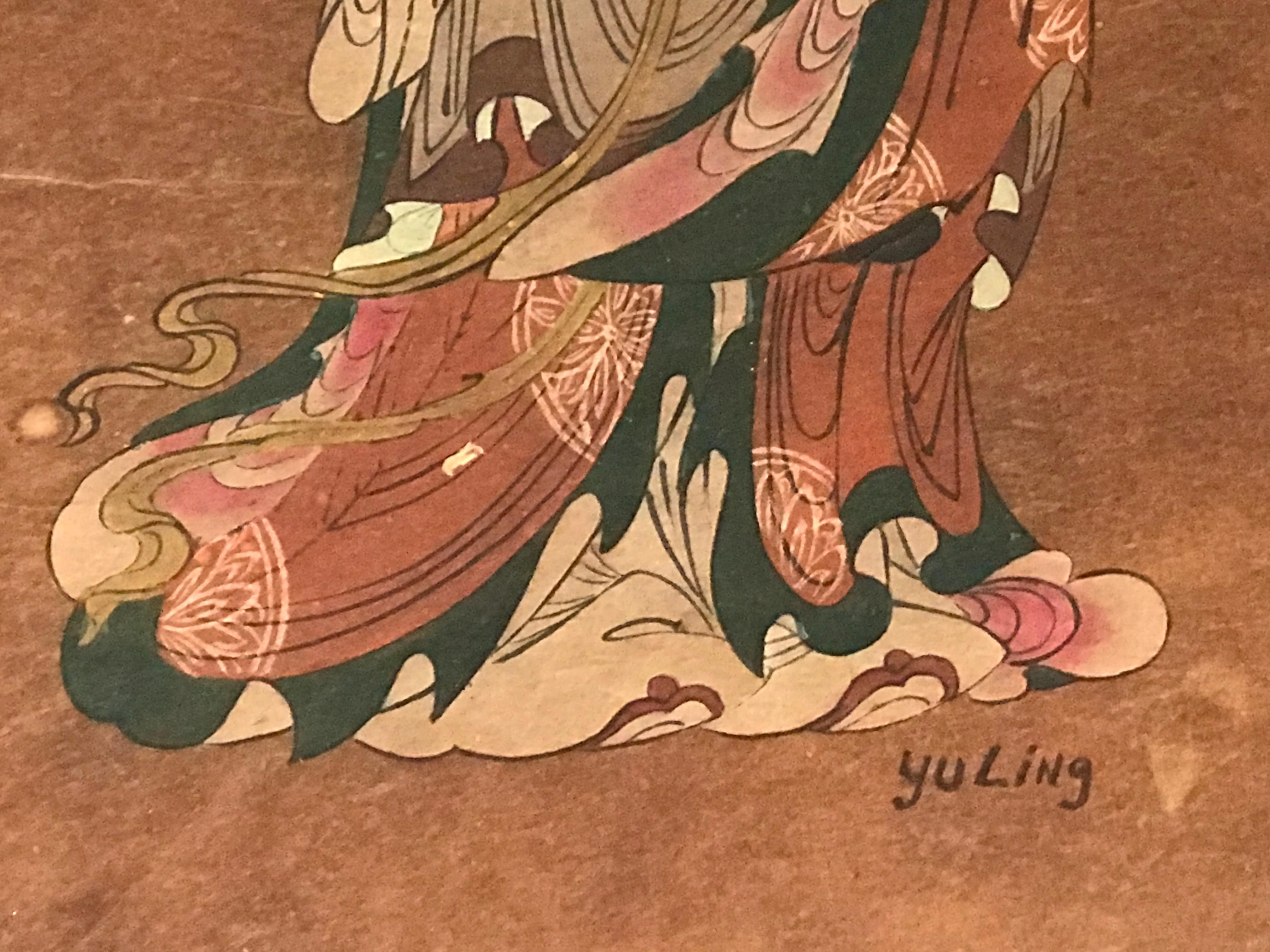 This pair of 18th century watercolors are made on rice paper and are signed Yu Ling.
They feature courtesans dressed in beautiful outfits smoking opium.
They have been re-framed between 2 plexiglass as they were between 2 glasses in their original