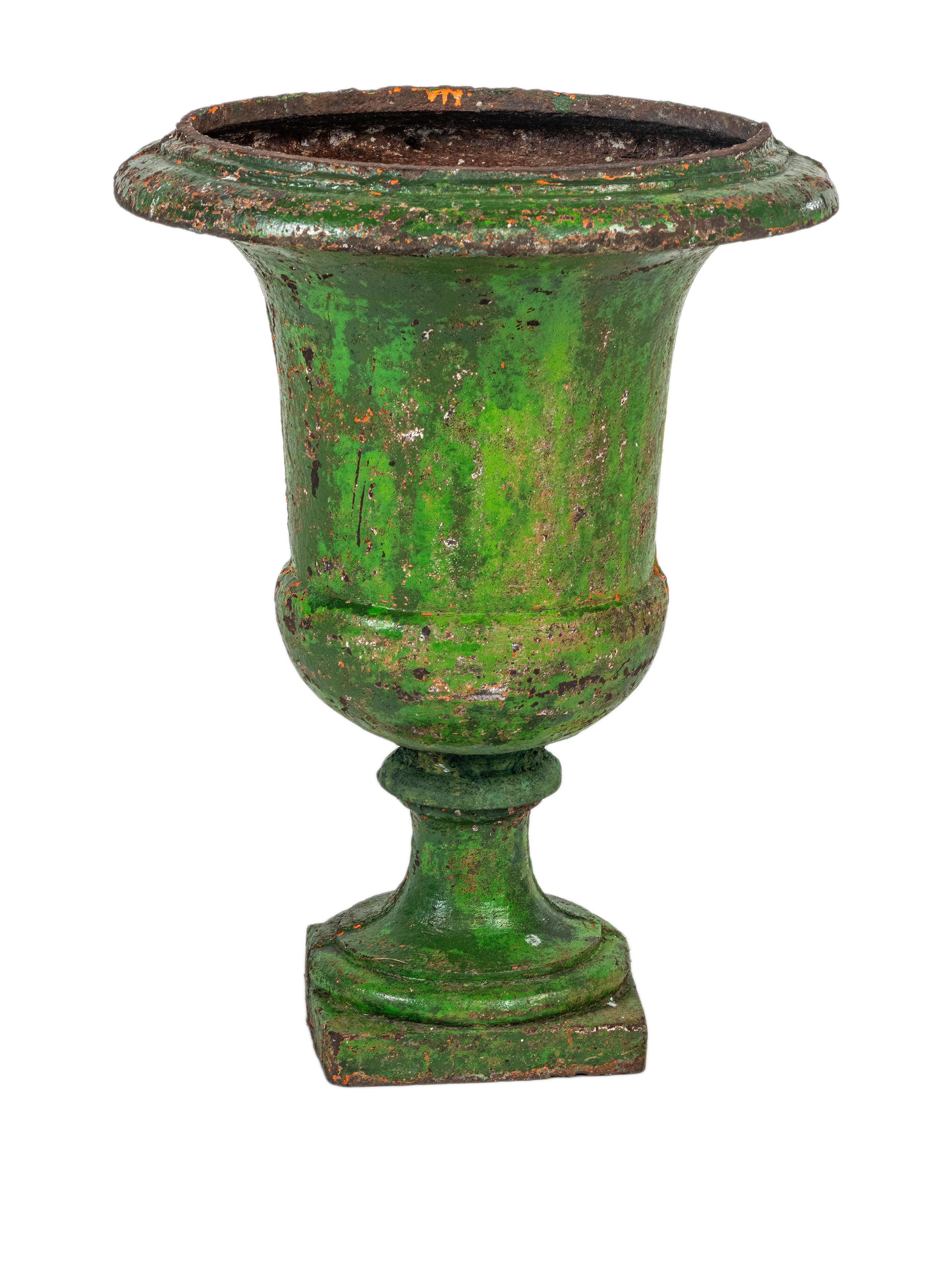 French A pair of 18th century large green painted urns. For Sale