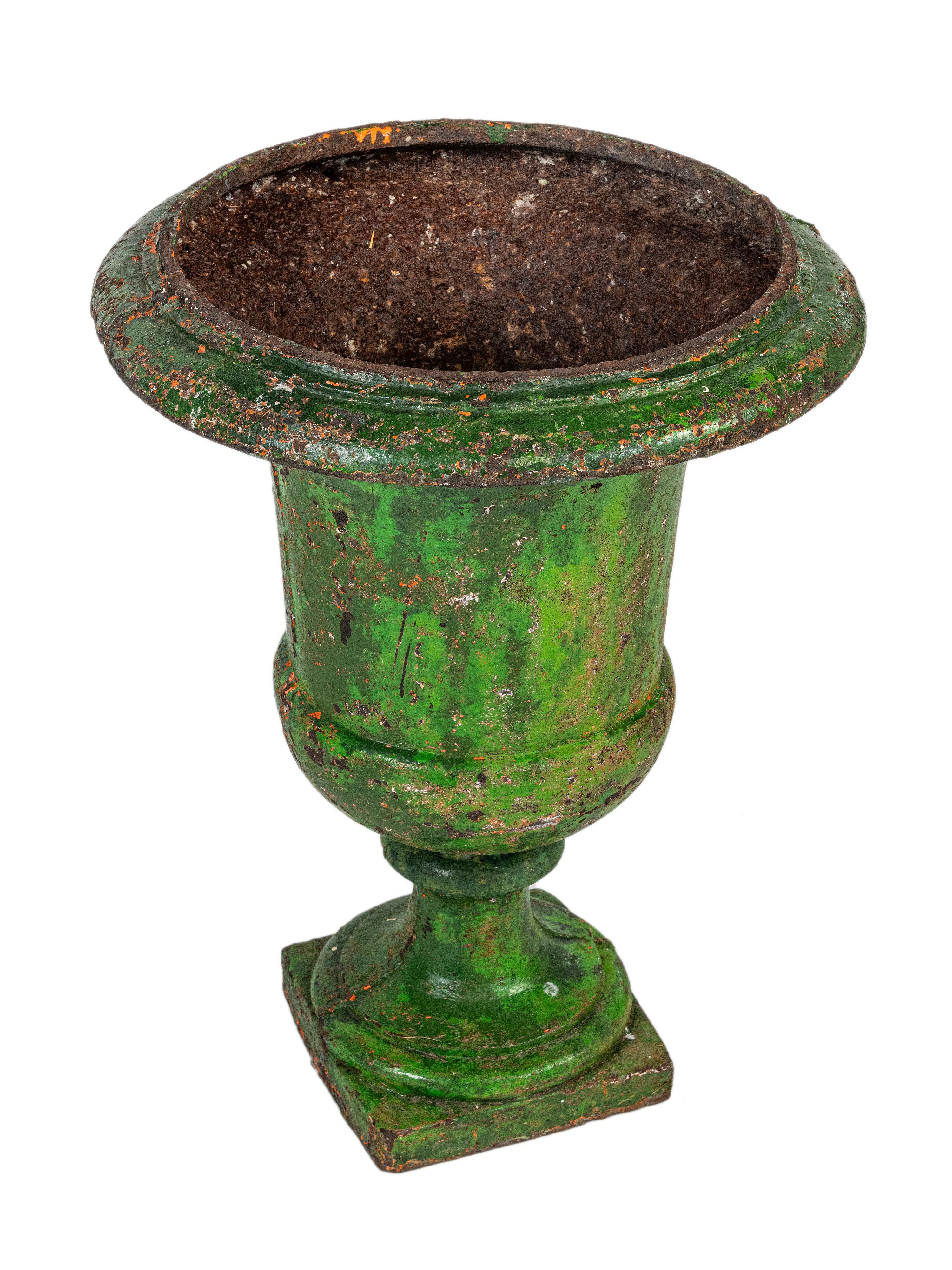 Cast A pair of 18th century large green painted urns. For Sale