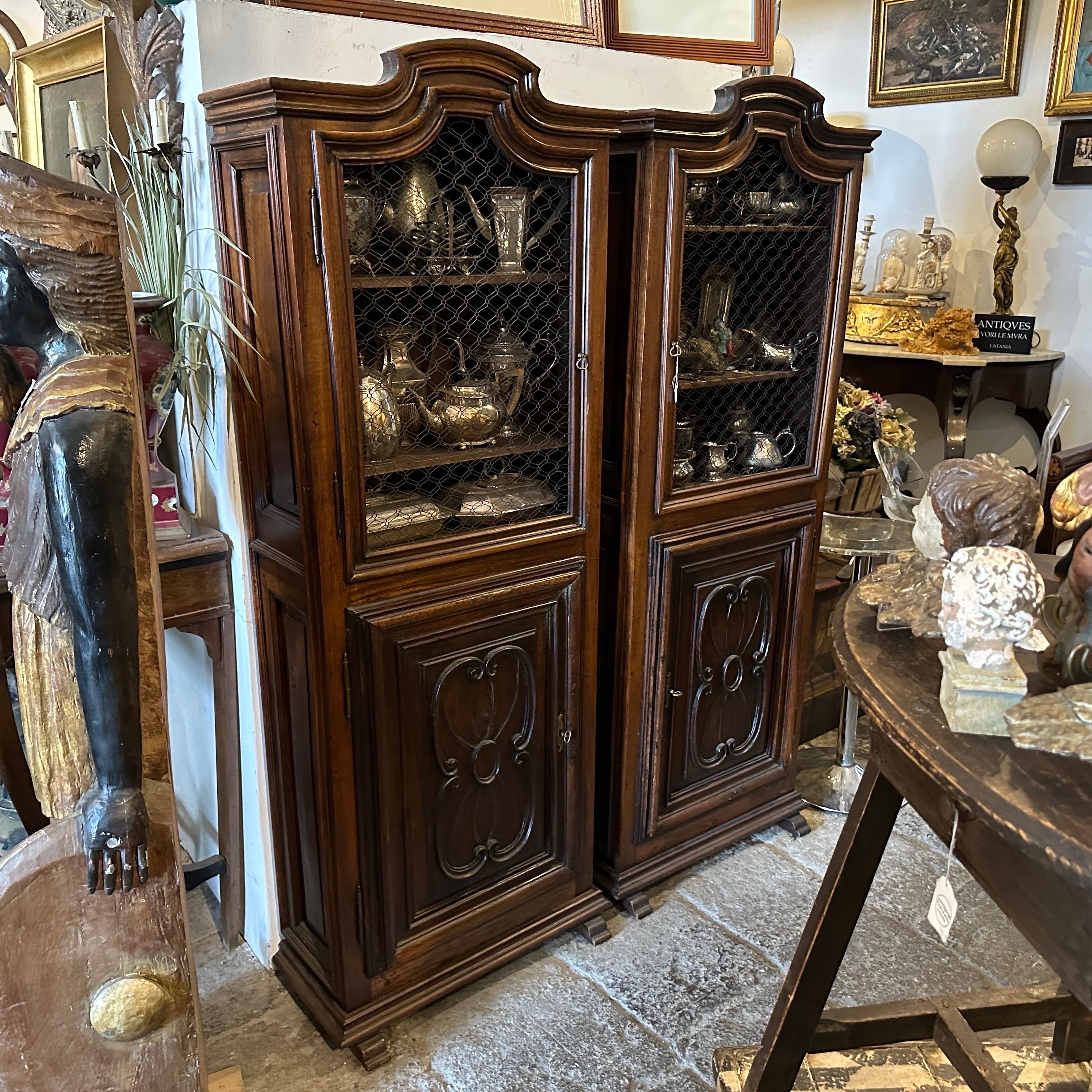 Hand-Carved A pair of 18th Century Late Louis XVI Walnut Wood Italian Credenzas For Sale