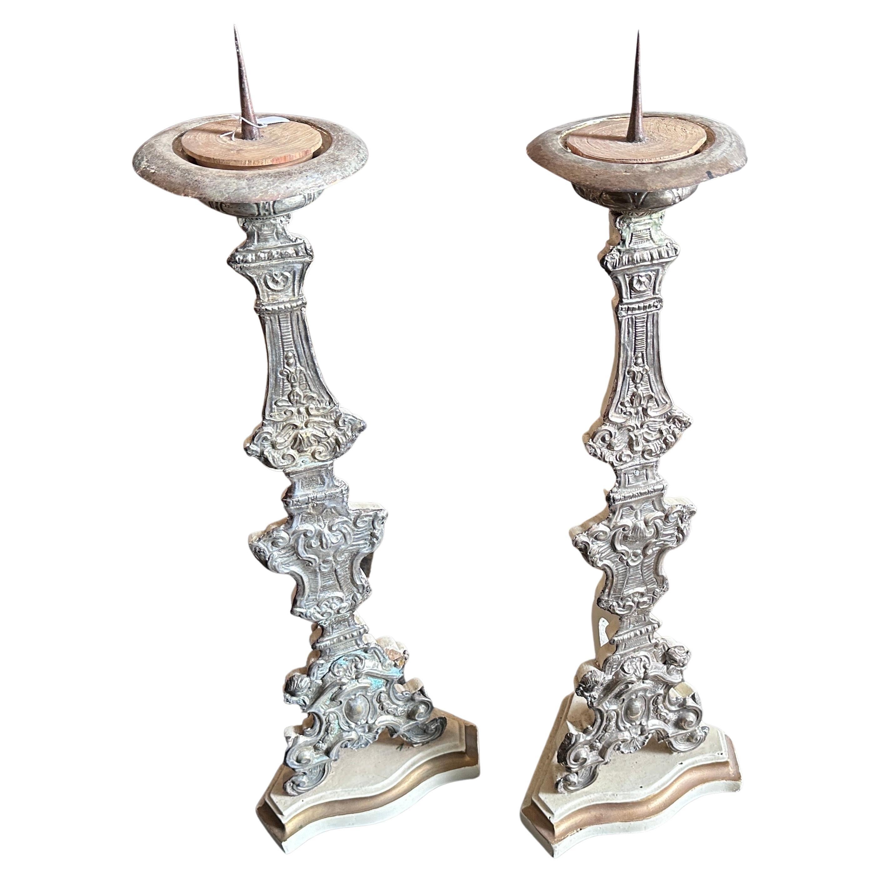 Pair of 18th Century Metal Covered Wood Sicilian Torcheres