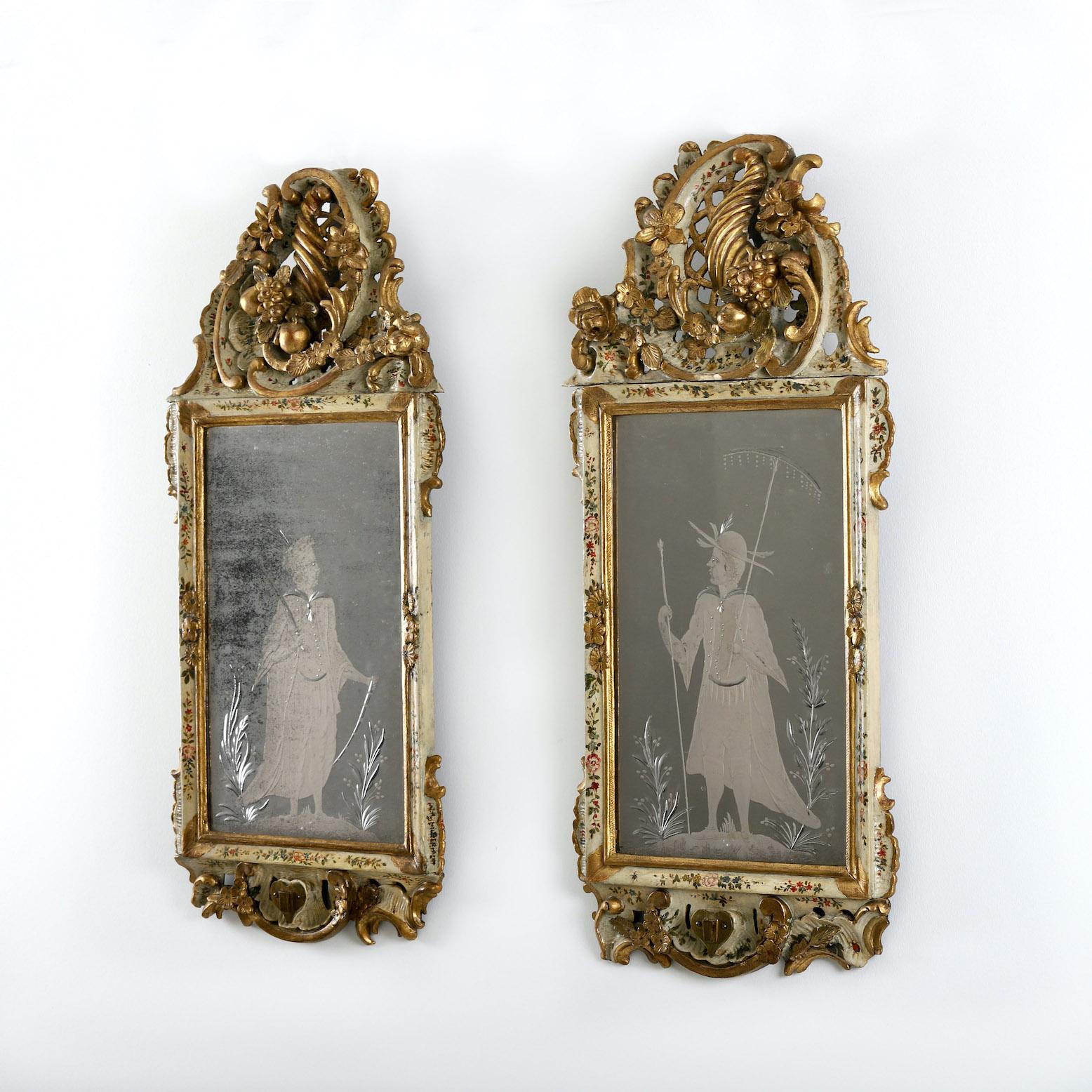 Vagabond presents a pair of 18th century Venetian mirrors

Italy, Venice, Circa 1770

” A truly wonderful pair of 18th century painted venetian mirrors with the finest quality etched glassed plates of chinoiserie figures, detachable later candle