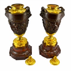 Pair of 19 Century Gilt and Patinated Bronze Cassolettes After Clodion